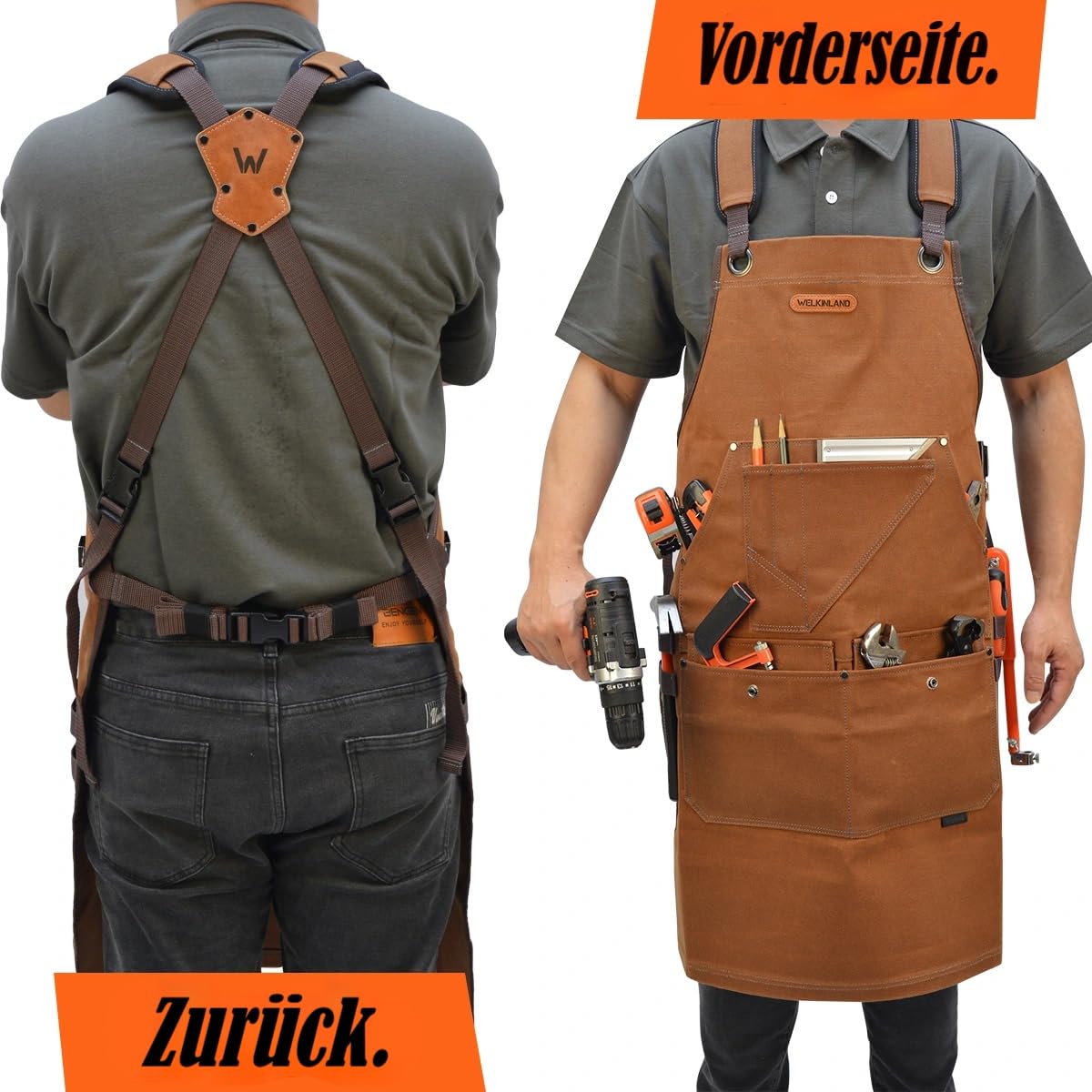 WELKINLAND Werkzeugschürze aus gewachstem Segeltuch mit 16 Taschen, robuste Holzbearbeitungsschürze, voll verstellbare Schürze, 86,4 x 68,6 cm, Schmiede-Schürze für Holzbearbeitung, Braun/Schwarz, 34