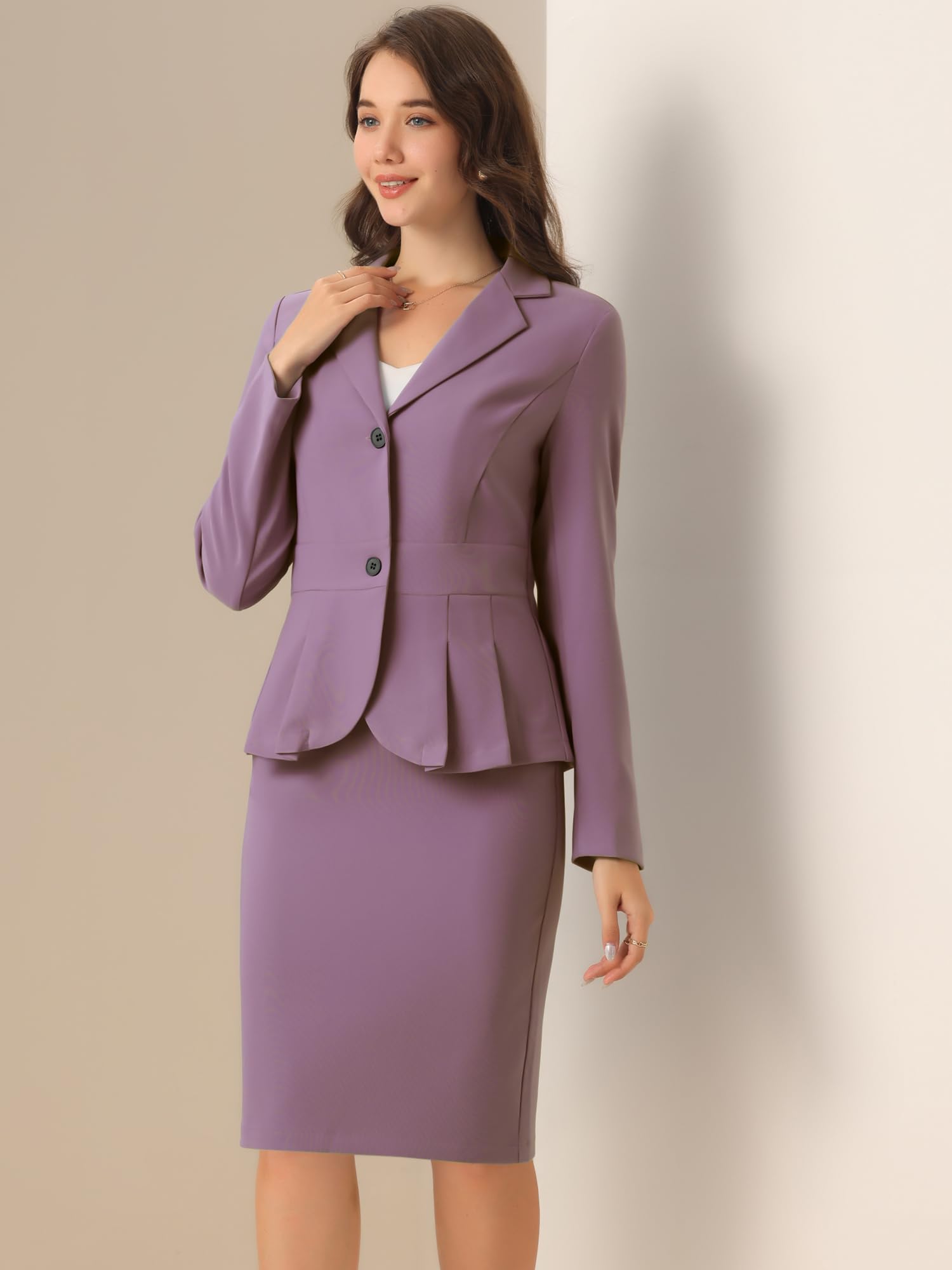 Allegra K Skirt Suit Sets for Women's 2 Piece Formal Office Notched Lapel Peplum Jacket Blazer Pencil Skirts Set