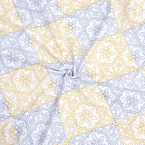 Image of TOAIArt Premium Jaipuri Dohar | AC Blanket Summer Quilt | Hand Block Printed | 3 Layers | Reversible | 150GSM 100% Mulmul Cotton | 100% Cotton Flannel Filling | Single 60 inch X 90 inch |Yellow Grey Jharokha