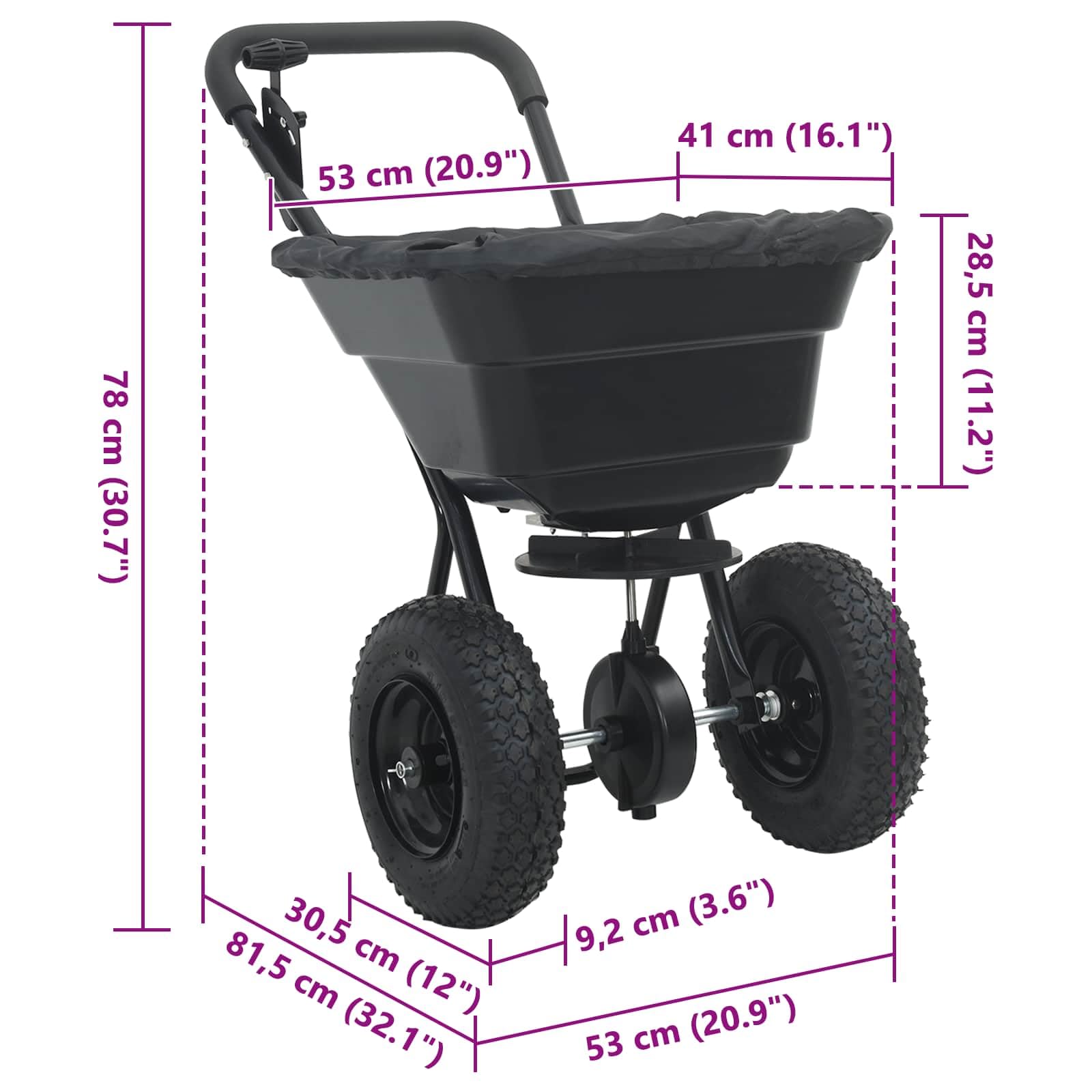 Esparcidor negro de PVC y acero 53 x 81,5 x 78 cm, esparcidor de mano y abono para jardín, patio, acera, bancal, ideal para sembrar, fertilizar, distribuir, esparcir semillas de césped y sal de