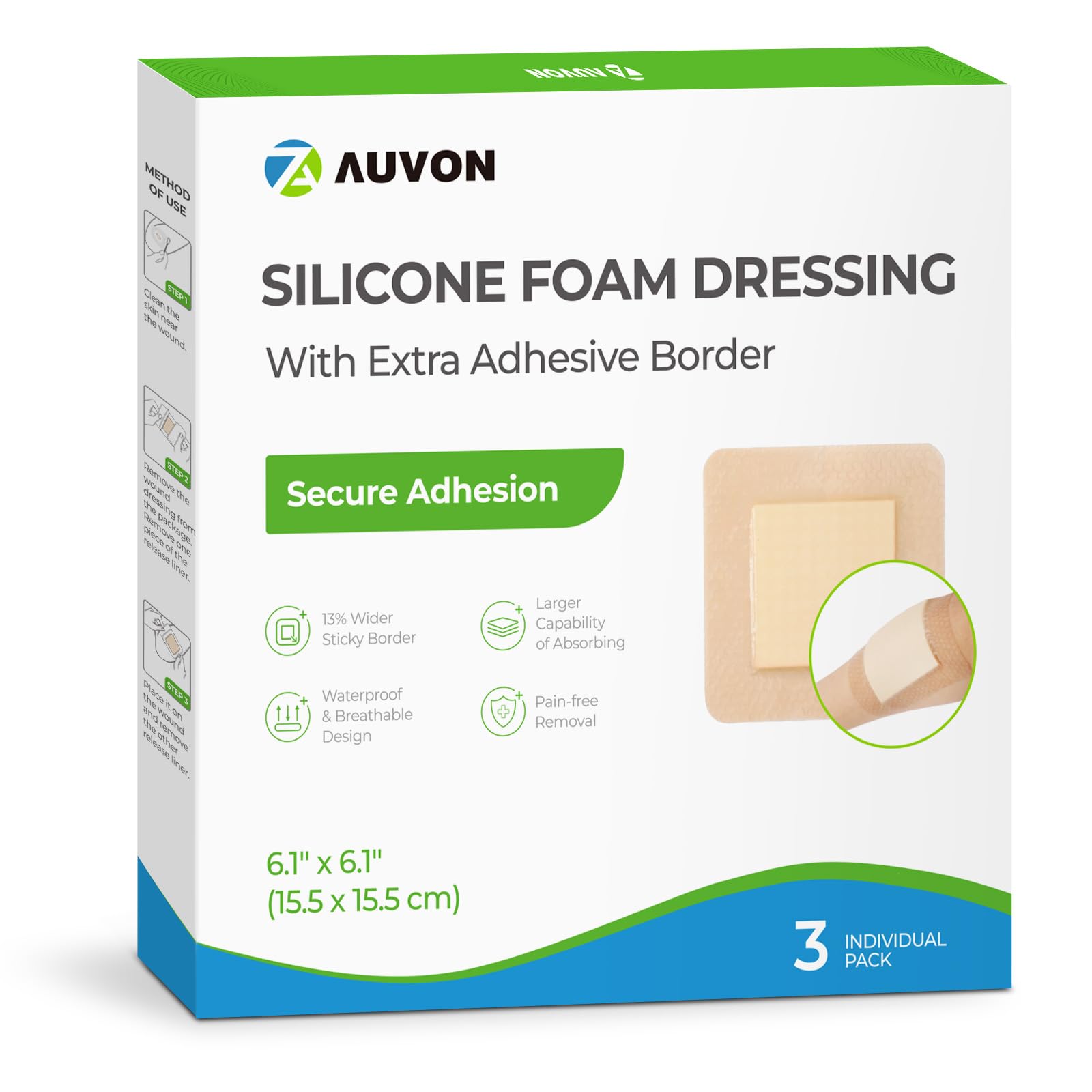 AUVON Silicone Foam Dressing with Large Adhesive Border, 6" x 6" Waterproof Wound Care Pads with High Absorbency, Silicone Wound Bandage for Pressure