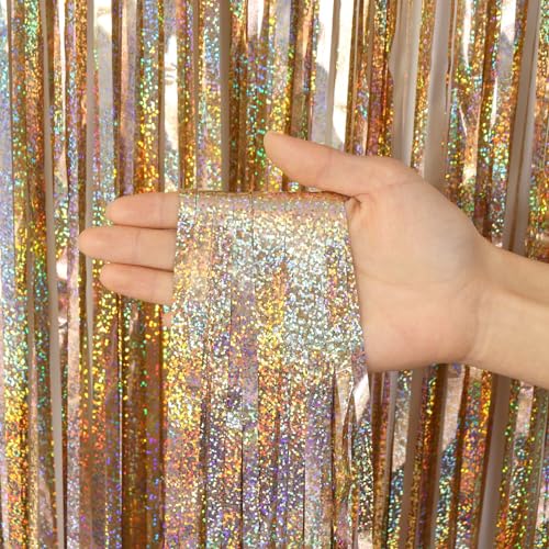 Image of 2 Pack Fringe Curtains Backdrops, Foil Fringe Curtains, Door Streamers for Birthday Wedding Bridal Shower Holiday Graduation Party Decorations, Photo Booth Backdrops, Glitter Champagne