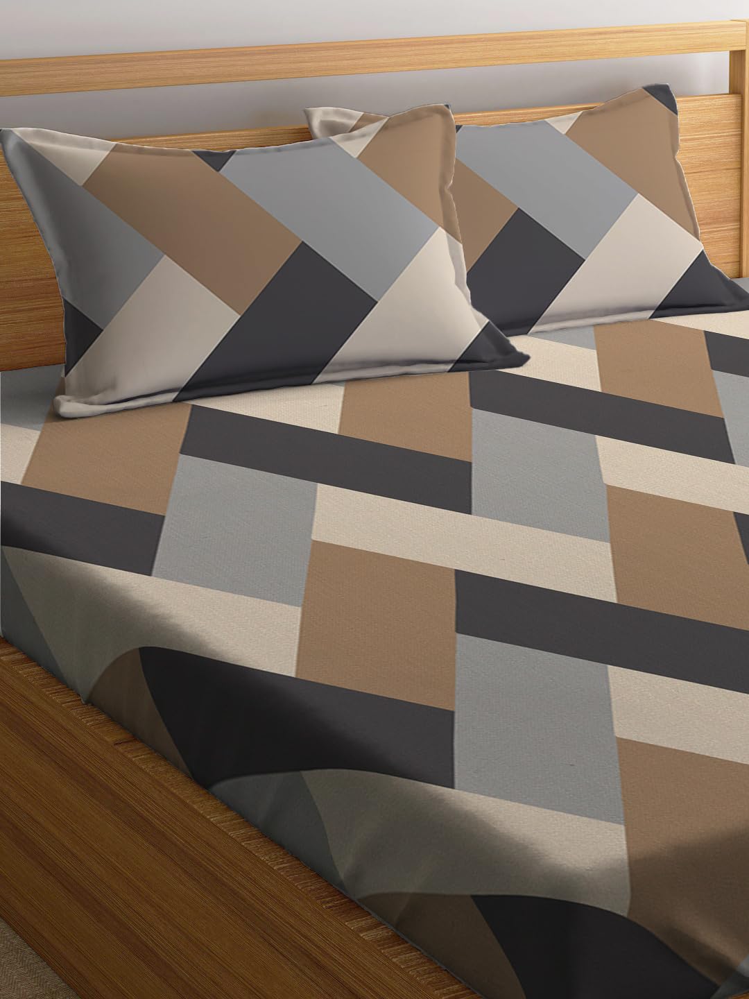 LOOMLYFE 300 TC Cotton Feel Glace Cotton Elastic Fitted Printed Queen Size Double Bed Bedsheet with 2 Pillow Covers Fits Upto 8 inches,Size- 60x78x10 Inches, BrownGreyCross