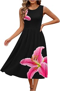 Summer Dresses for Women 2026 Flowy Casual Round Neck Maxi Sundresses Summer Fashion Beach Vacation Outfits