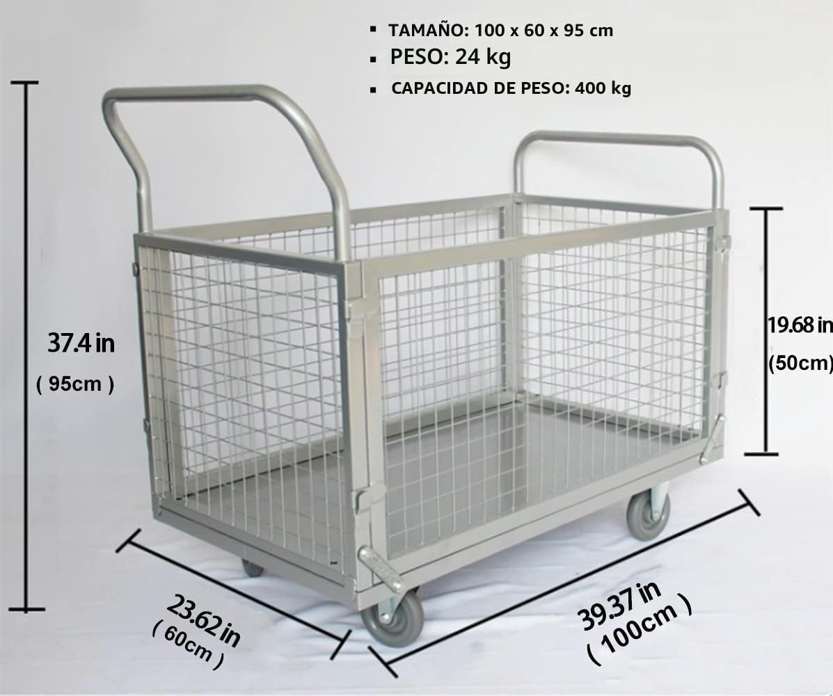 Carretilla de Carga Plegable 4 en 1 con Freno de Bloqueo，BAI You Mei Carro de Plataforma/Rejilla Multiusos con Laterales Desmontables para Almacén Industrial Carga y Equipaje, 100x60cm