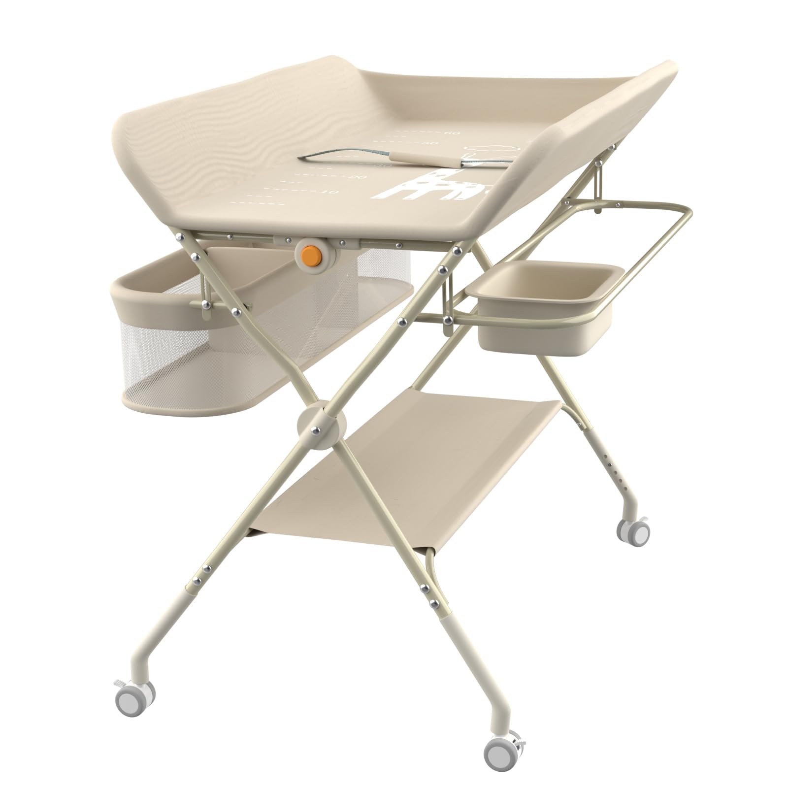 Wickeltisch, 3-in-1, Wickelkommode für Baby, von Geburt bis 12 Monate (bis 25 kg), Wickeltisch, faltbar, tragbar, Wickeltisch für Babys, mit 4 Rollen,75 x 68 x 83–91 cm (Cremeweiß)