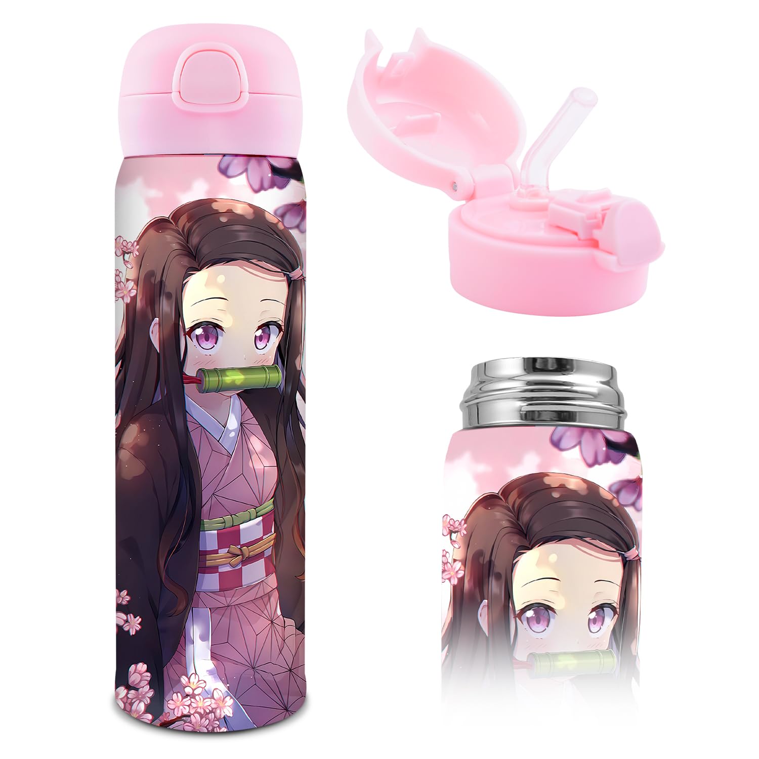 Anime Slayer Water Bottle with Straw, Vacuum Insulated Kimetsu no Nezuko Tanjirou Cosplay Stainless Steel 16.9oz Cup Thermoses with Locking Cover Leak-Proof Design (WB-Douzi xg 2403), 500ML