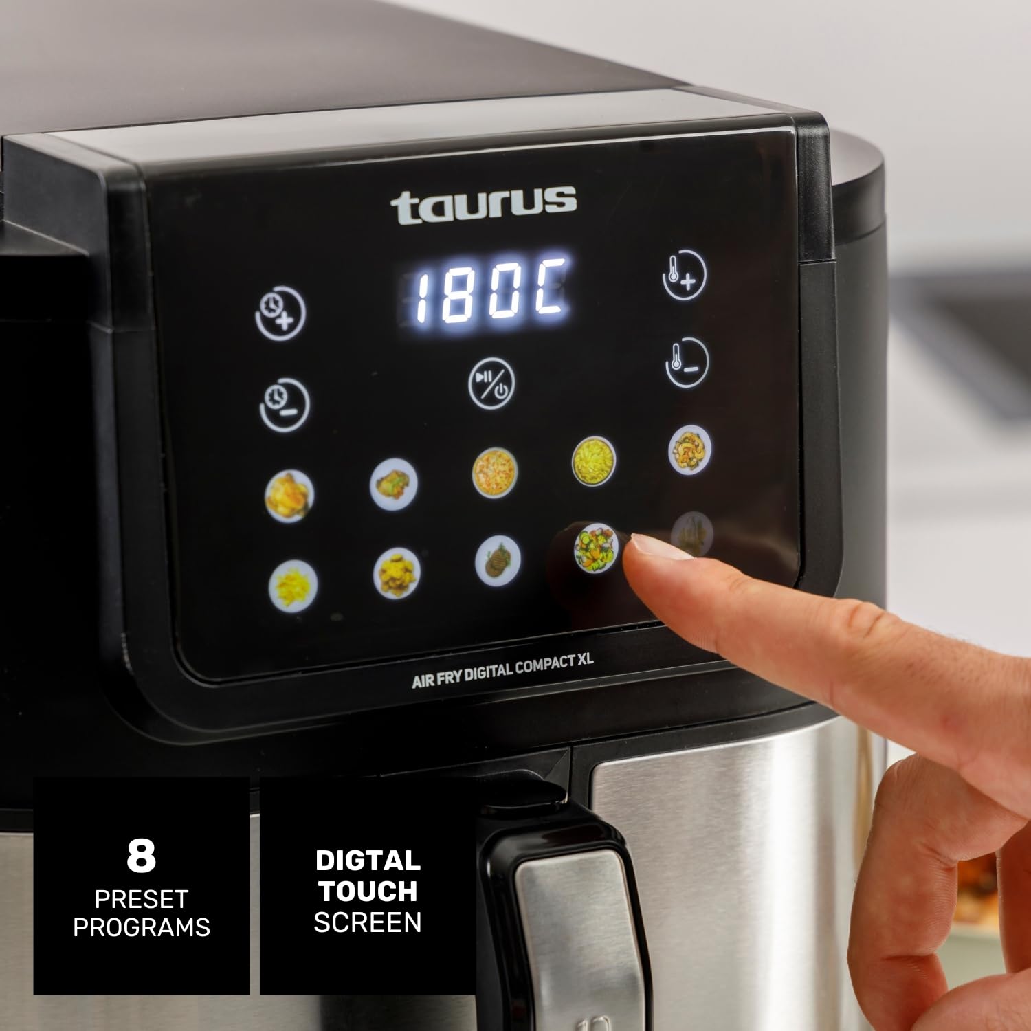 Taurus – Freidora aire Air Fry Digital Compact XL | 1700W | 8L | 8 Programas | Pantalla táctil | Avisador Acústico | Cocción Uniforme | Libre BPA y PFOA | Asa toque frío | Recetario online