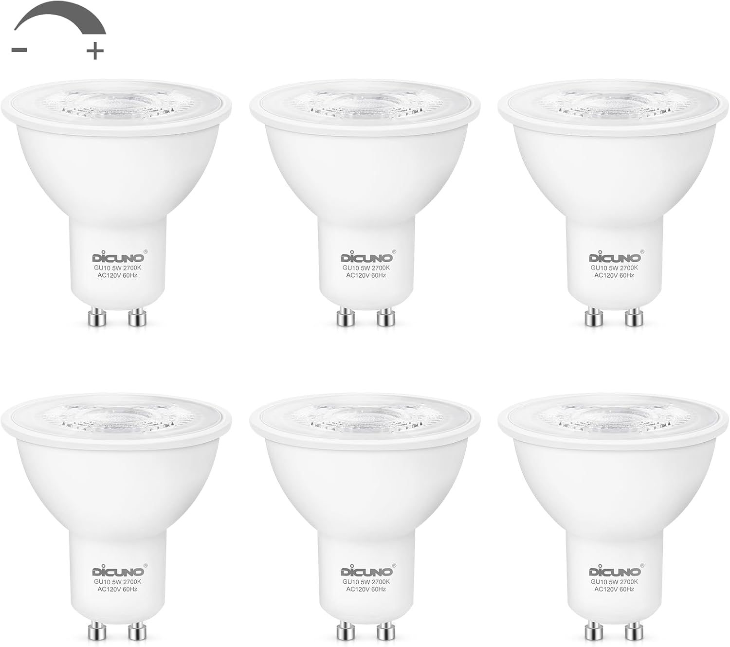 DiCUNO GU10 LED Bulb Dimmable, 40W Equivalent, Warm White 2700K, 450LM, MR16 GU10 LED for Spotlight, Track Lighting, 5W Light Bulb with 38° Beam for Living Room, Kitchen, Range Hood, Pack of 6