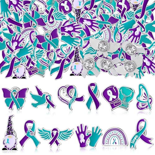 Suicide Awareness Pins Enamel Suicide Prevention Pins Teal and Purple Ribbon Lapel Pins Sexual Assault Awareness Pin Bulk for Social Public Charity Campaign Supplies, 12 Styles