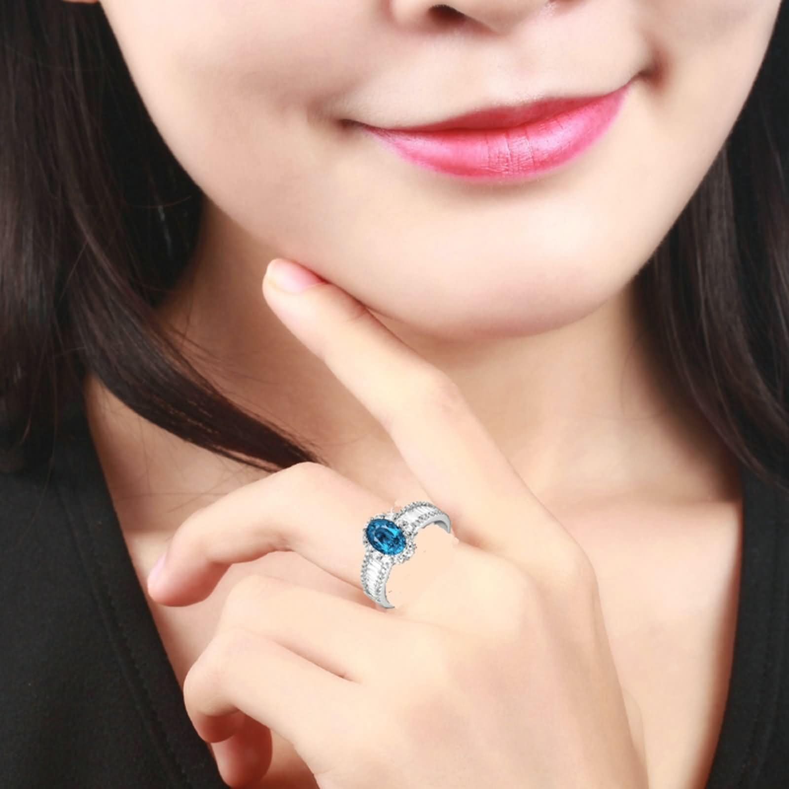 Anelli Fidanzamento Argento Donna 925,Anelli di Matrimonio 4 Griffe con Oval e Fiore Zirconia Cubica Azzurro Anello Donna Matrimonio Argento