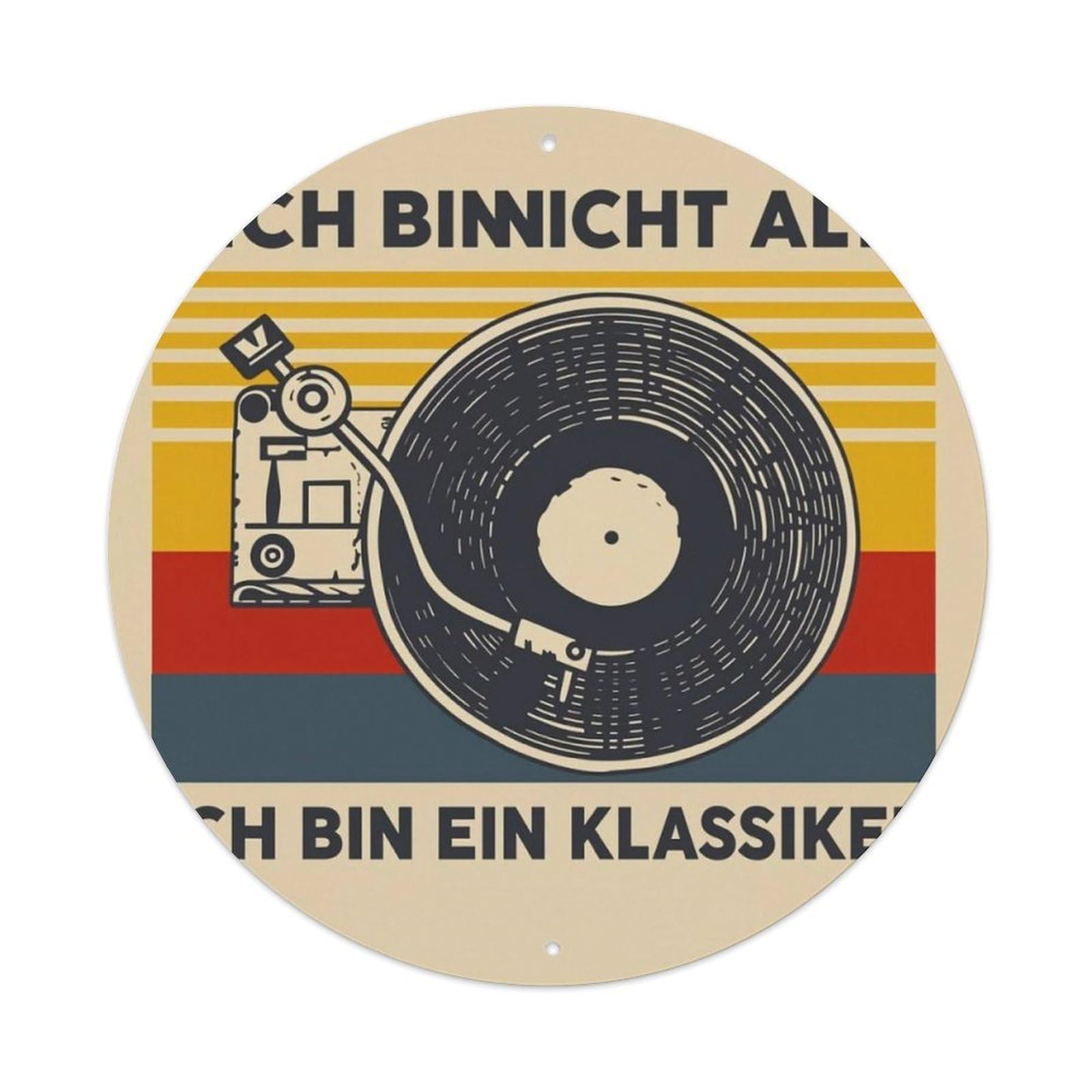 Vintage Stripe Vinyl Record Player German Quote Round Decor Sign Vintage Aluminium Metal Sign, Retro Wall Decor for Home, Bar, Garage & Farmhouse 20x20cm