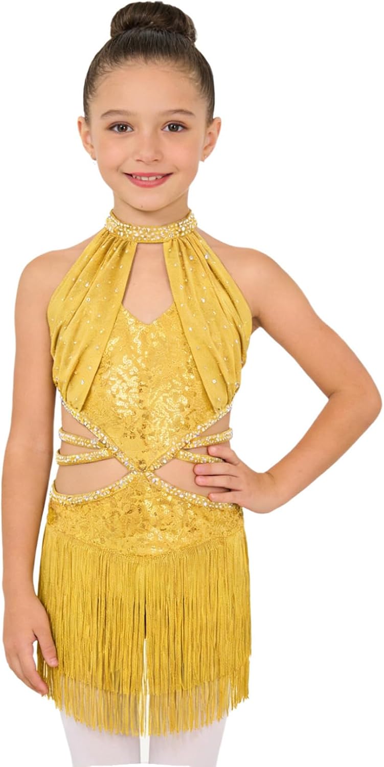 Kids Girls Tassel Latin Dance Dress Sparkly Camisole Sequin Fringe Skirt Modern Jazz Ballroom Costume