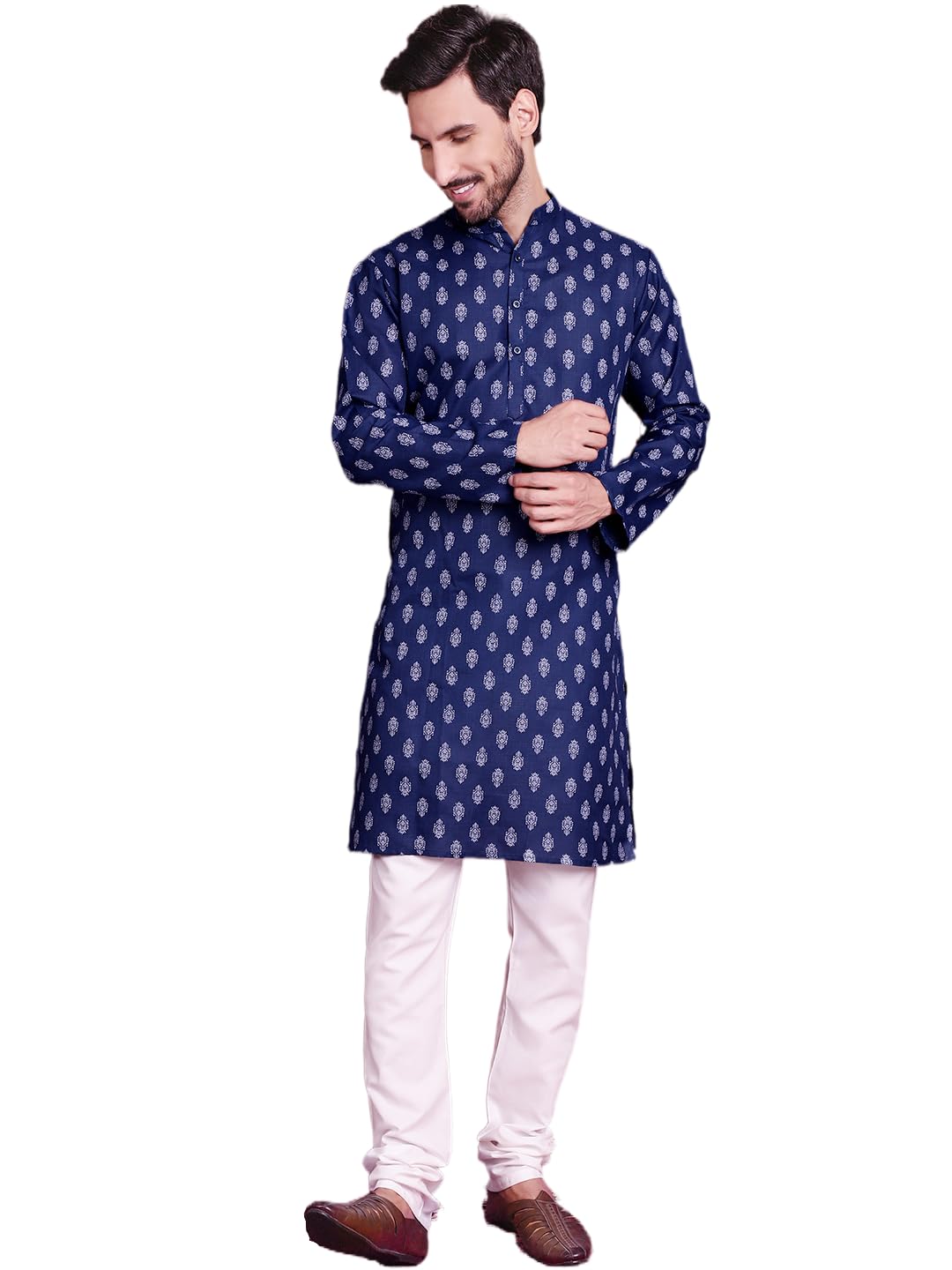 Navy Floral Printed Kurta with Pyjama for Men (Navy, L)-image-24