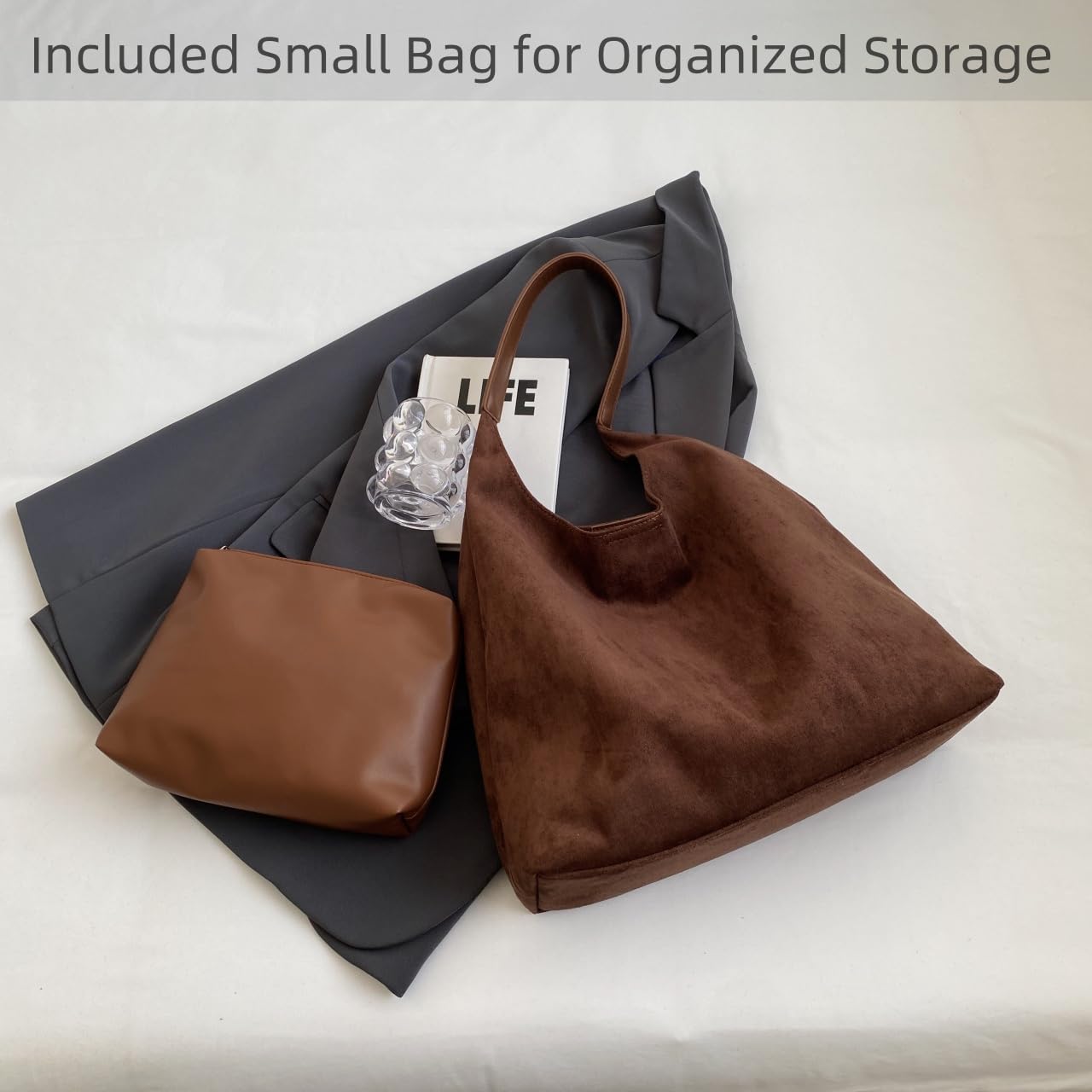 Suede Tote Bags for Women Large Slouchy Bag Retro Suede Purse Soft Hobo Handbag Office Shoulder Bag