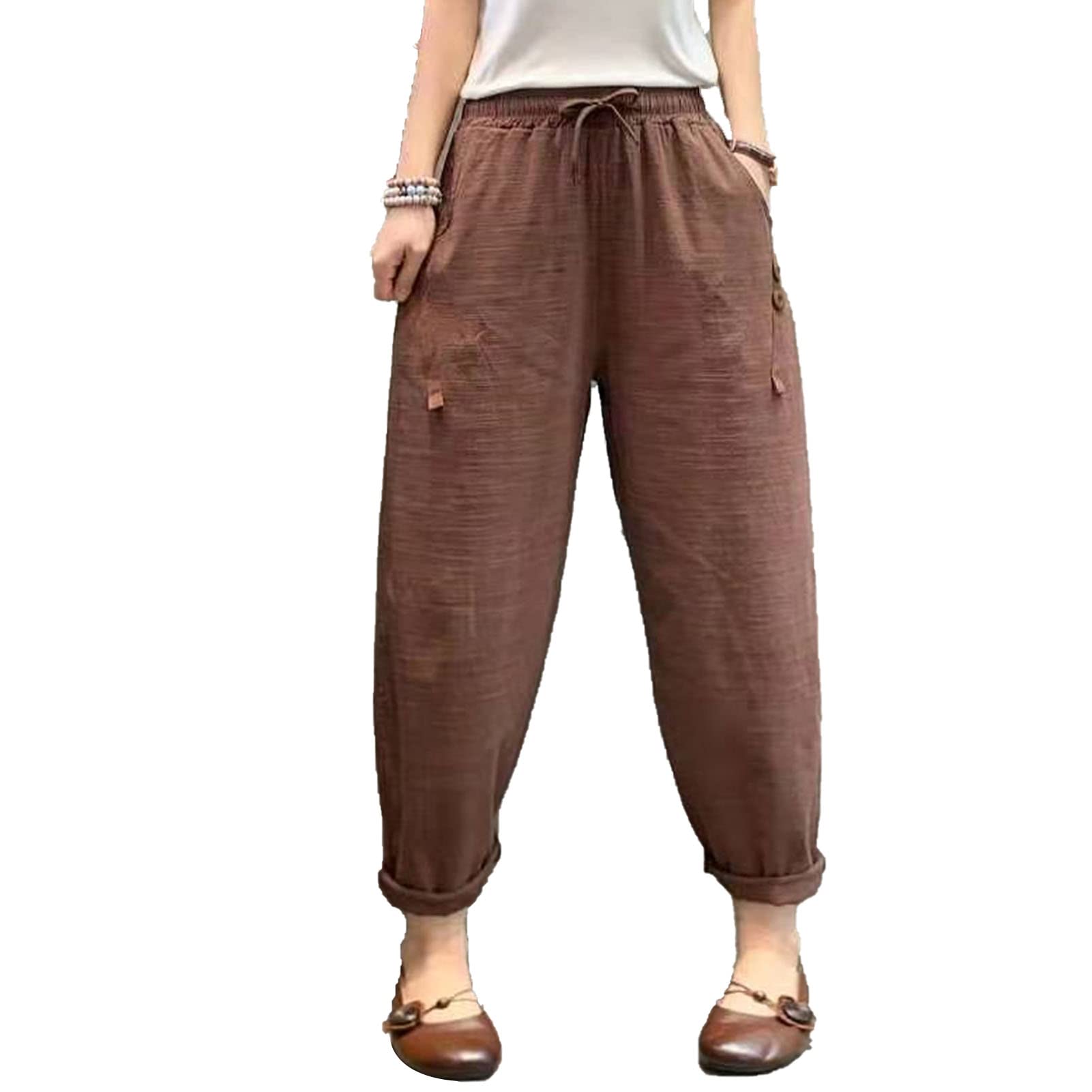 Maiyifu-GJ Women Linen Drawstring Cropped Pants Summer Soft Casual Elastic Waist Trousers Wide Leg Cropped Pant with Pockets