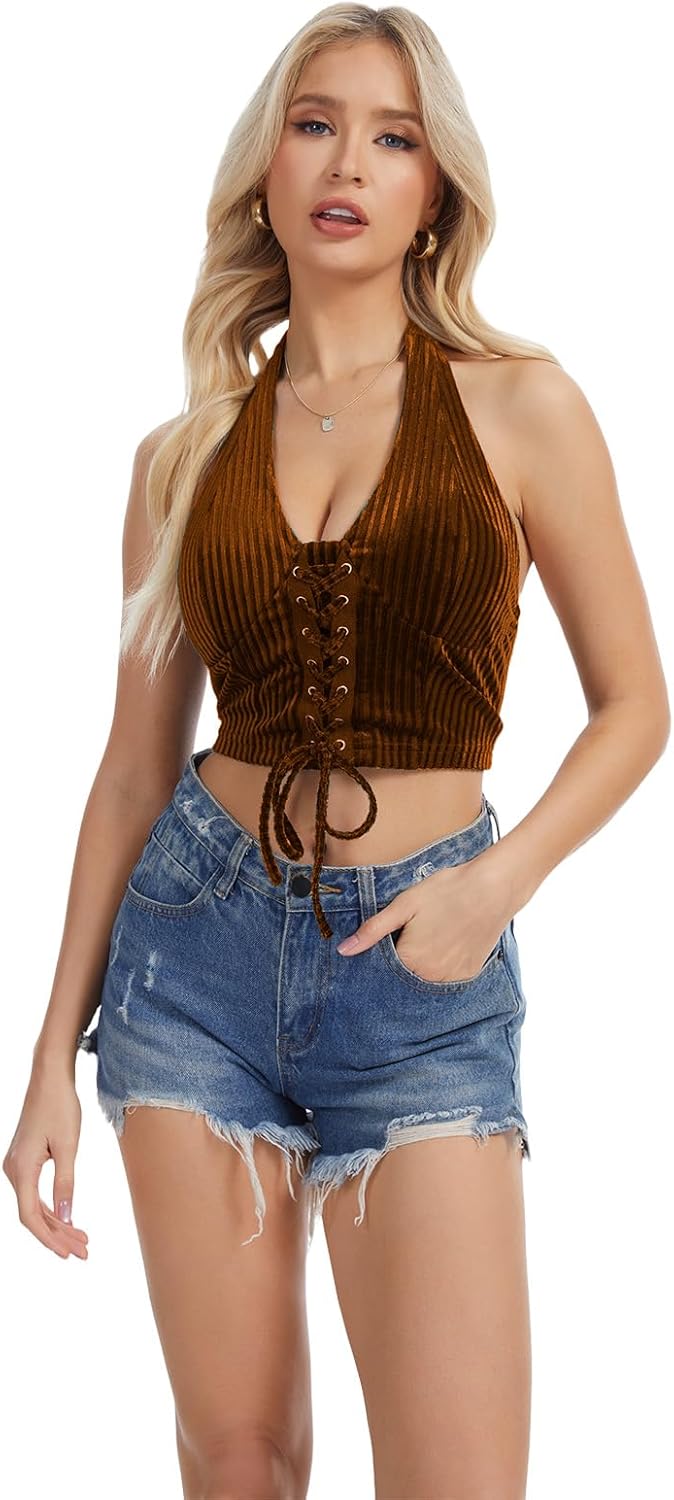 Feiersi Womens Lace Up Corset Crop Tops Halter Neck Backless Going Out Tank Concert Outfits - Image 6