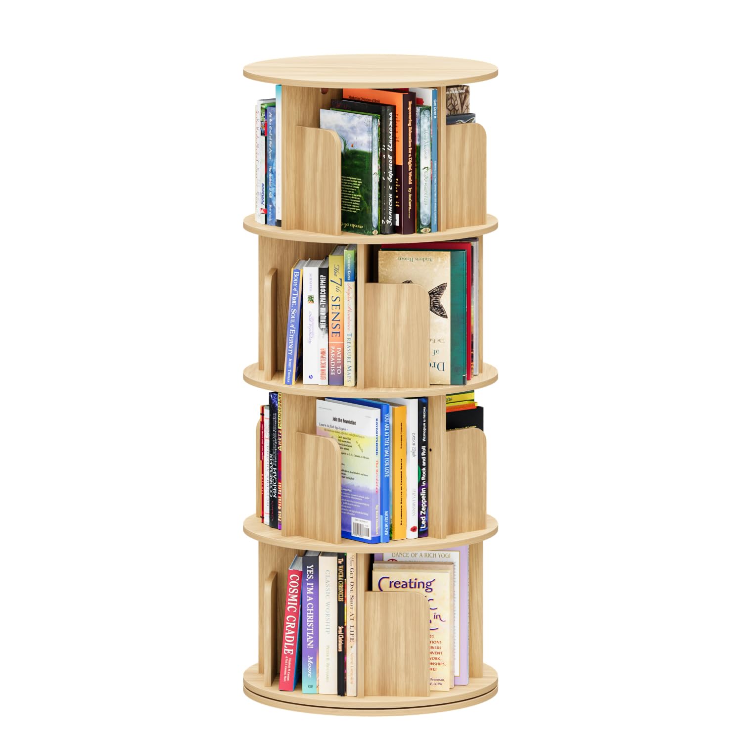 APPOLYN 4 Tier Rotating Bookshelf, 360 Display Spinning Bookcase, Swivel Free Standing Book Shelf, Round Revolving Corner Shelf for Living Room Home Office Bedroom, Natural