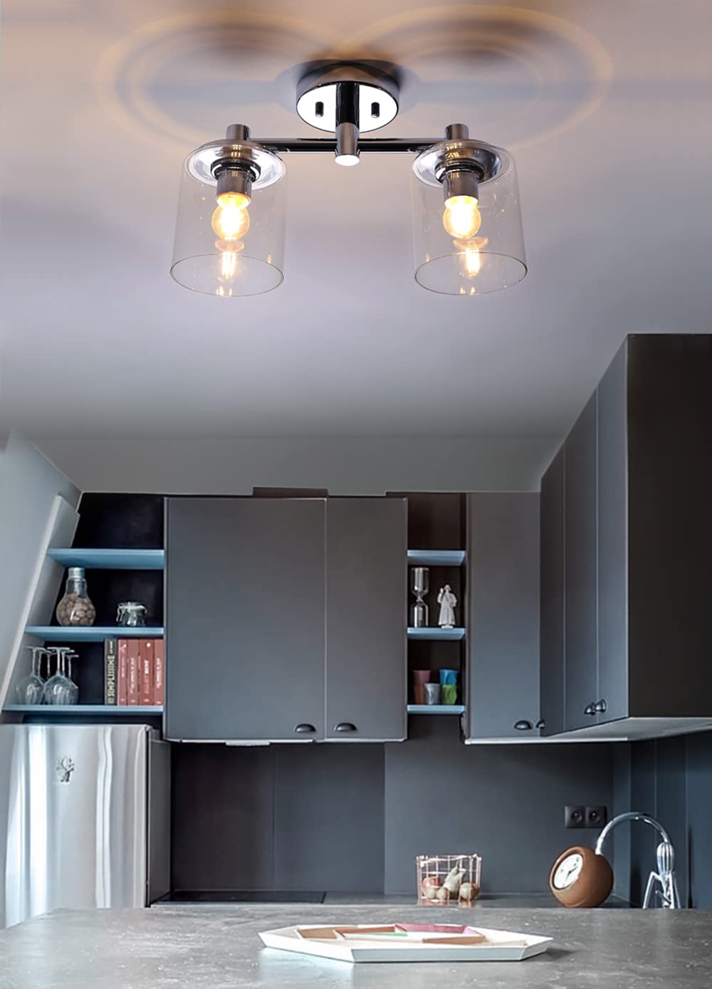 Yosoan Chrome Industrial Edison Glass Ceiling Lights, 2 Glass Pendant Light Fitting, Loft Bar Flush Mount Hanging Lights (Chrome)