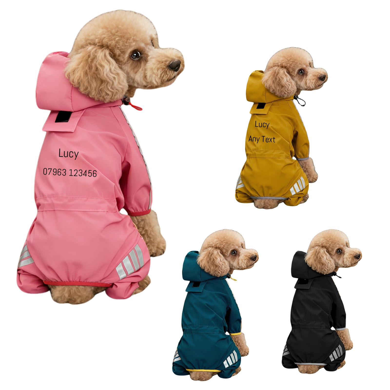 Personalised Raincoat for Dogs Name or Any text - Waterproof Jacket With Hood, Leash Hole, Reflective Strap - Lightweight Puppy Clothes for Small Medium Dogs (4 color to choose, L)