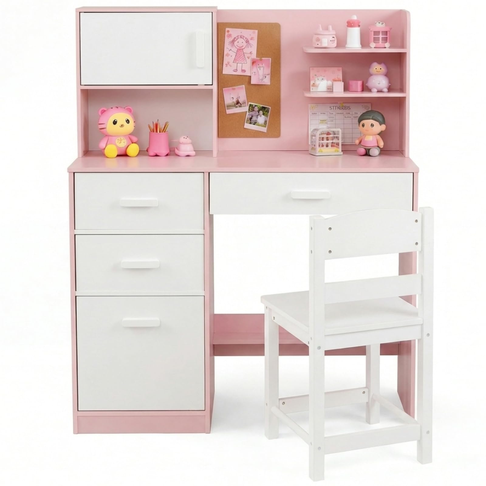 Maxmass Kids Table and Chair Set, Children Study Desk and Chair with Hutch, Bulletin Board, 3 Drawers, 2 Storage Cabinets, Student Writing Table Workstation for Learning Studying (Pink + White)
