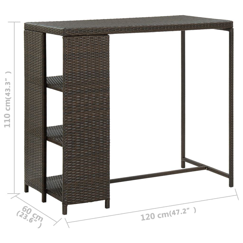 Stół barowy z regałem z polirattanu i stali PE, brązowy, 120 x 60 x 110 cm, nie zajmuje dużo miejsca i stabilny, z 3 półkami do kuchni, jadalni, ogrodu, wszechstronne zastosowanie
