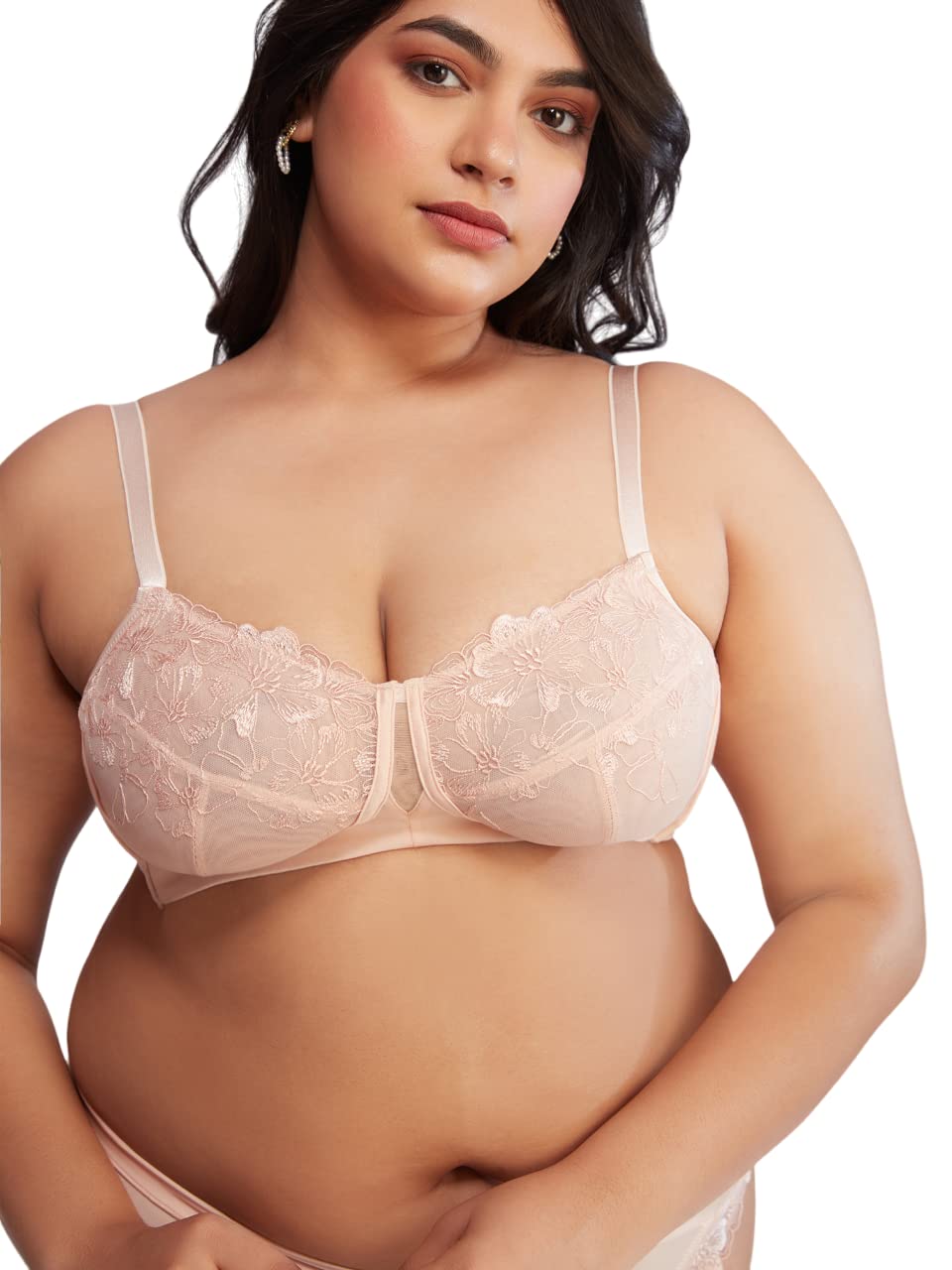 nykd Women's Floral Mesh Wirefree Non Padded Bra with Medium Coverage | Deatiled Lace | Bridal Collection - Bra, NYB230, Peach, 32DD, 1N-picture-13