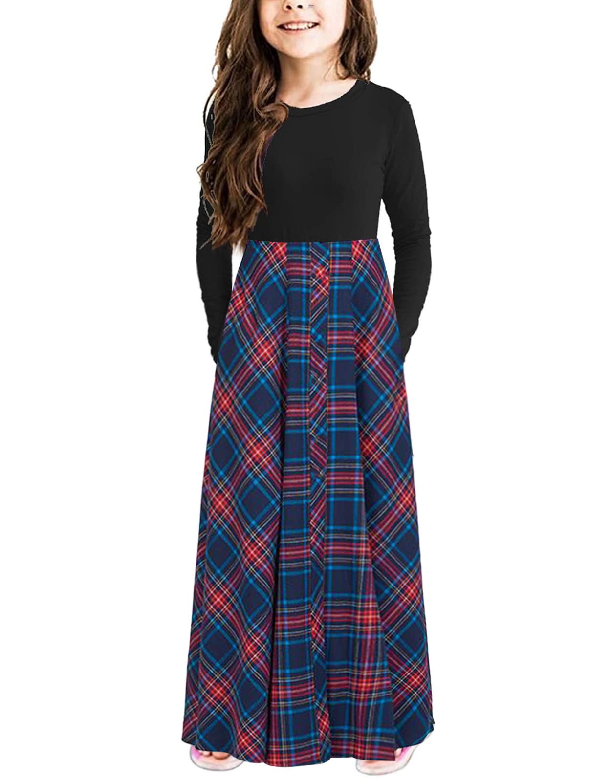 KYMIDY Maxikleid für Mädchen, Büffelkaro, kariert, langärmelig, Freizeitkleider mit Taschen, für Mädchen von 6–14 Jahren