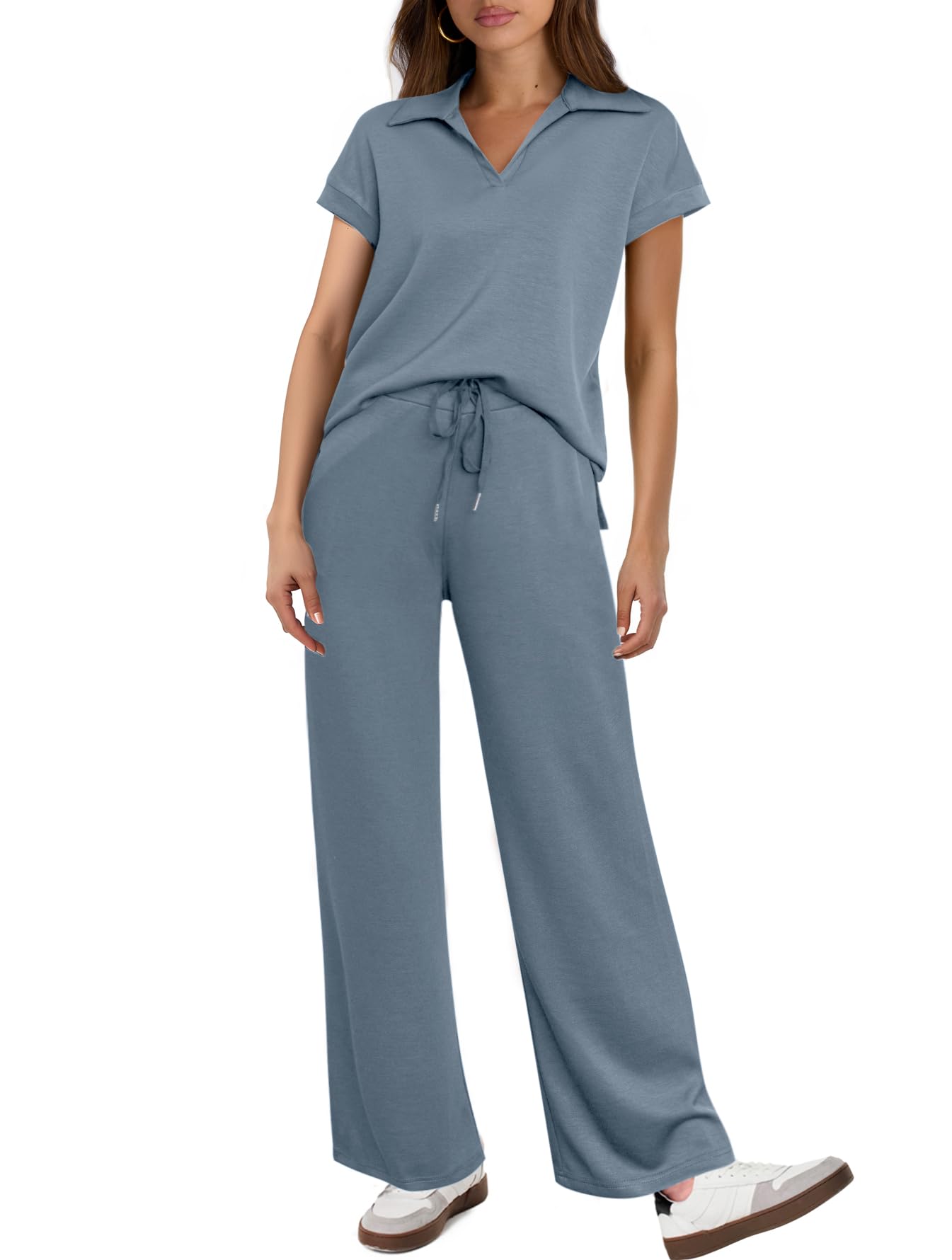 Glamaker Womens 2 Piece Summer Outfit Lounge Set Cap Sleeve Polo Top And Pant Set Tracksuit Travel Matching Outfit 2025