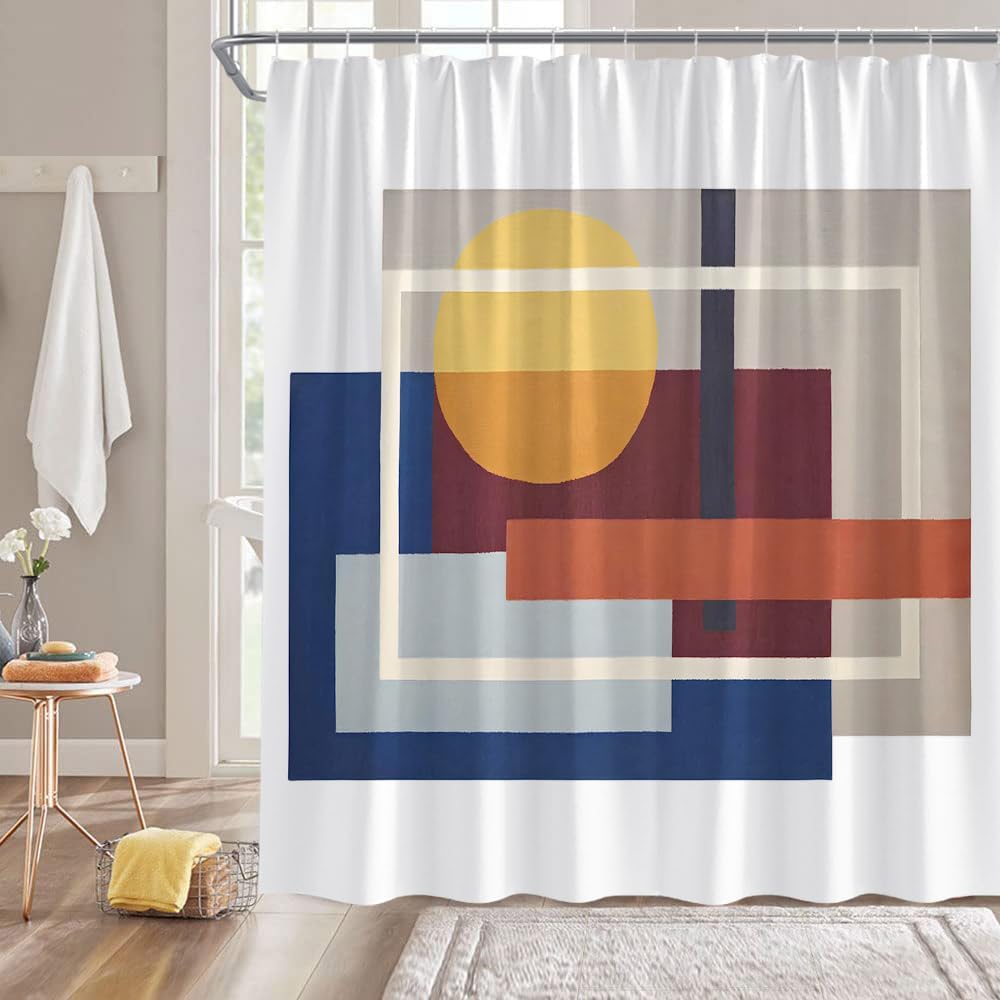 Mid Century Modern Shower Curtain Retro FUUNY Black Cat Geometric Minimalist Boho 1950s 60s 70s Vintage Fabric Bathroom Decor Curtain Sets with Hooks,Beige