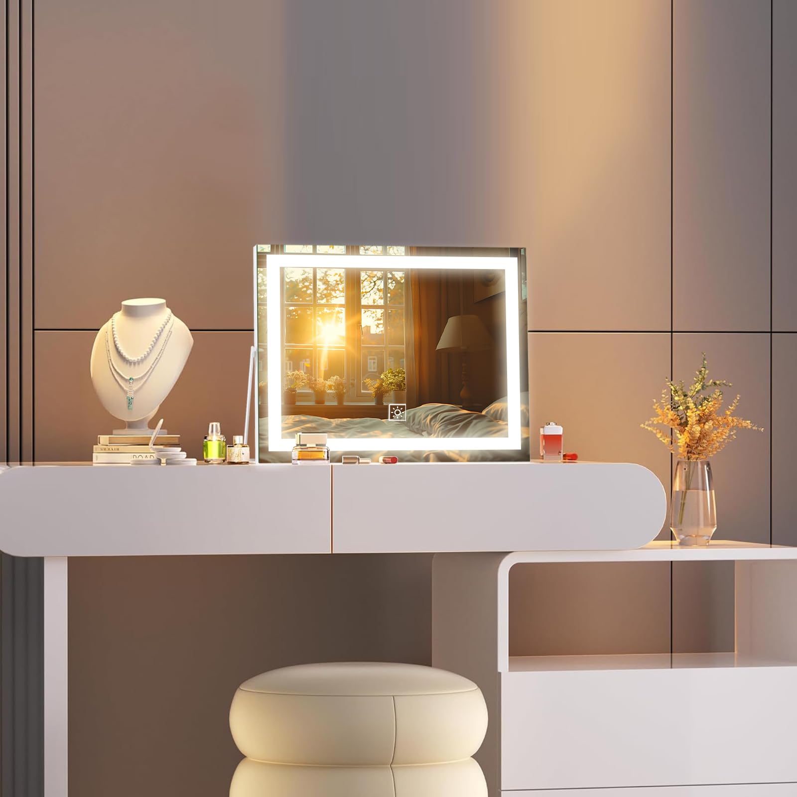Specchio da trucco a LED da 35,5 cm con luci, grande cornice in metallo illuminato da tavolo con controllo touch dimmerabile a 3 colori, rotazione a 360°, per camera da letto
