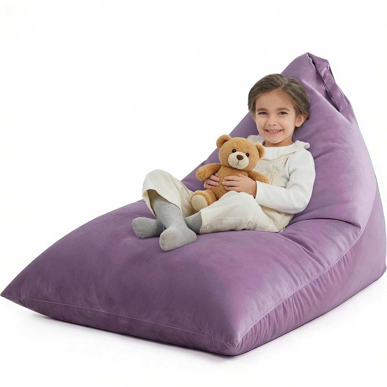Nobildonna Plüschtier-Aufbewahrungs-Sitzsack-Stuhlbezug für Kinder (ohne Füllung), 400L extragroßer Premium-Samt-Faulenzer-Sofabezug, waschbarer ultraweicher dreieckiger Sitzsack-Stuhlbezug (Lila)