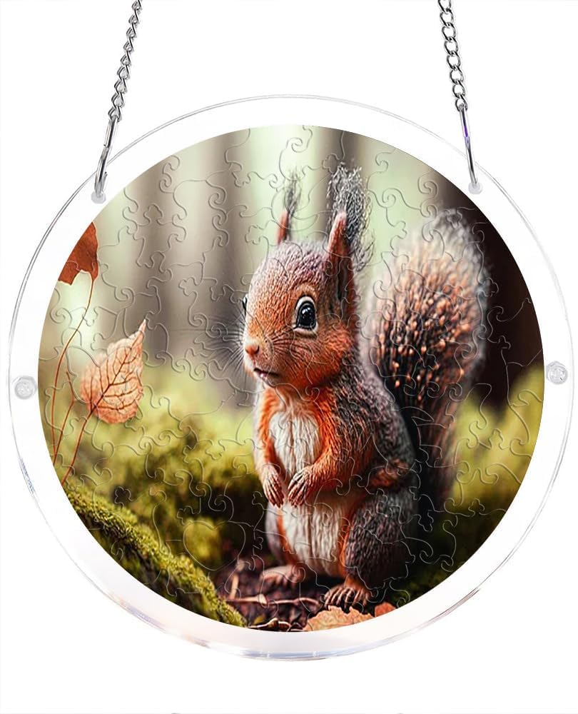Squirrel in Forest Acrylic Jigsaw Puzzles Suncatcher, 8.2 Inch Window Hanging Suncatcher Acrylic Puzzle, DIY Home Decor Art Gift