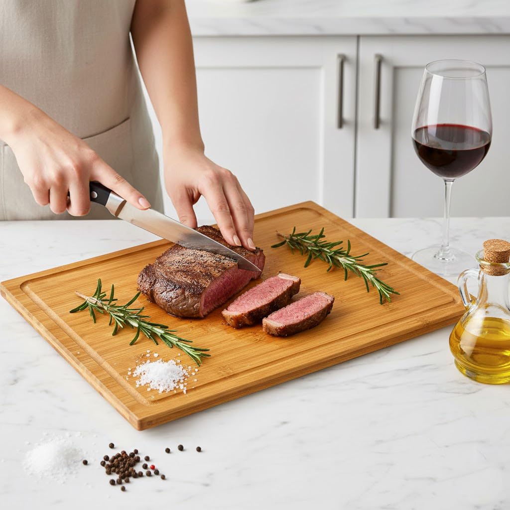 Set di 3 taglieri grandi in bambù per cucina, con scanalature per succhi e supporto, set di taglieri da cucina con supporto, tagliere in bambù per carne, verdura, frutta