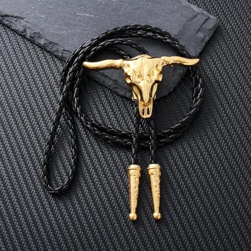 Image of GelConnie Longhorn Bull Bolo Tie for Men Native American Western Cowboy Leather Necktie Bolo Necklace for Women Gold Texas