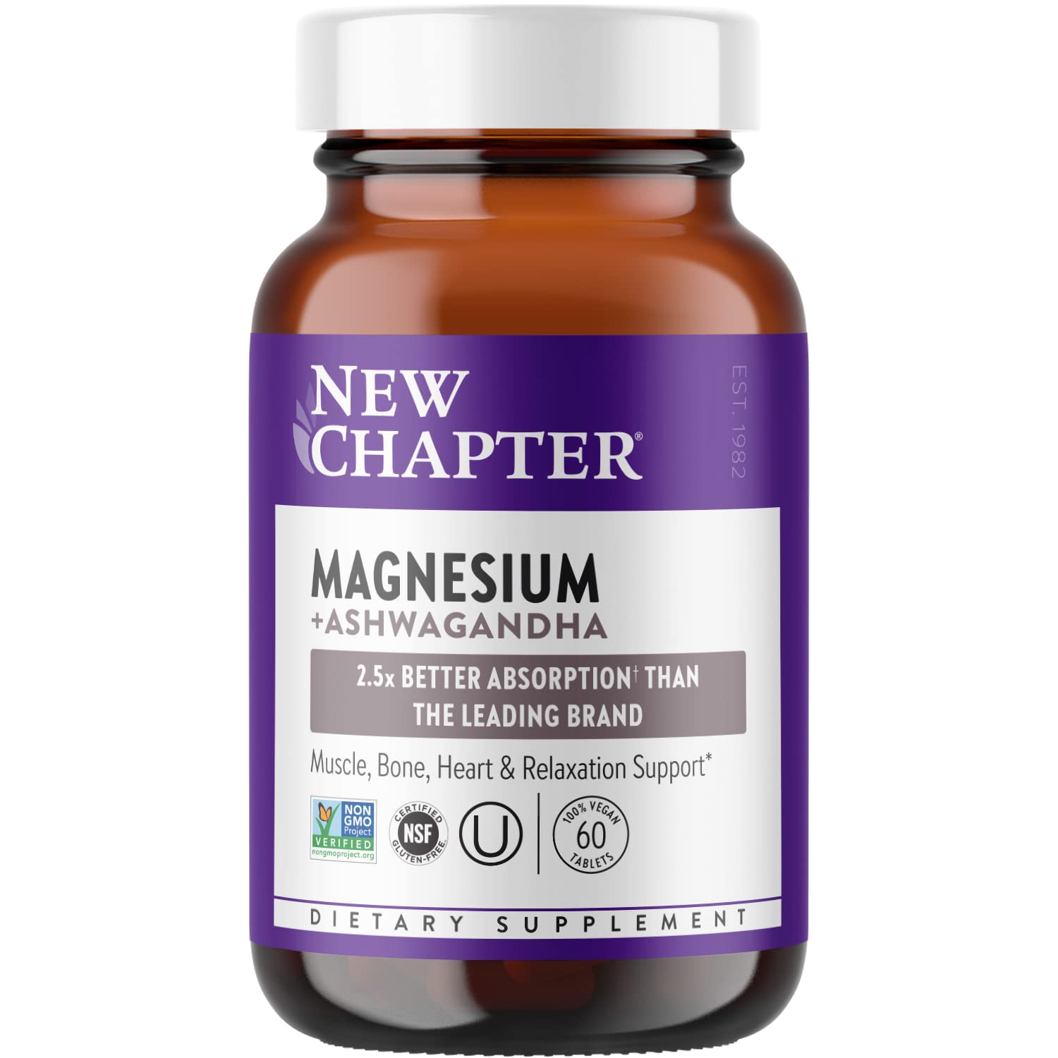 Photo 1 of *EXP: 02/2025* Magnesium, New Chapter Magnesium + Ashwagandha Supplement, 2.5X Absorption, Muscle Recovery, Heart & Bone Health, Calm & Relaxation, Gluten Free, Non-GMO - 60 ct 60 Count (Pack of 1)