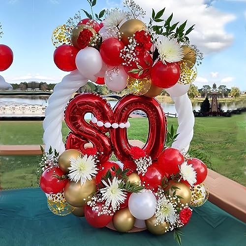 Red White Gold Latex Balloons, 50pcs 12 Inches Red White Gold and Gold Confetti Balloons with 1 Ribbon for Christmas, Birthday, Engagement, Anniversary,Valentines Party Decorations - Image 8