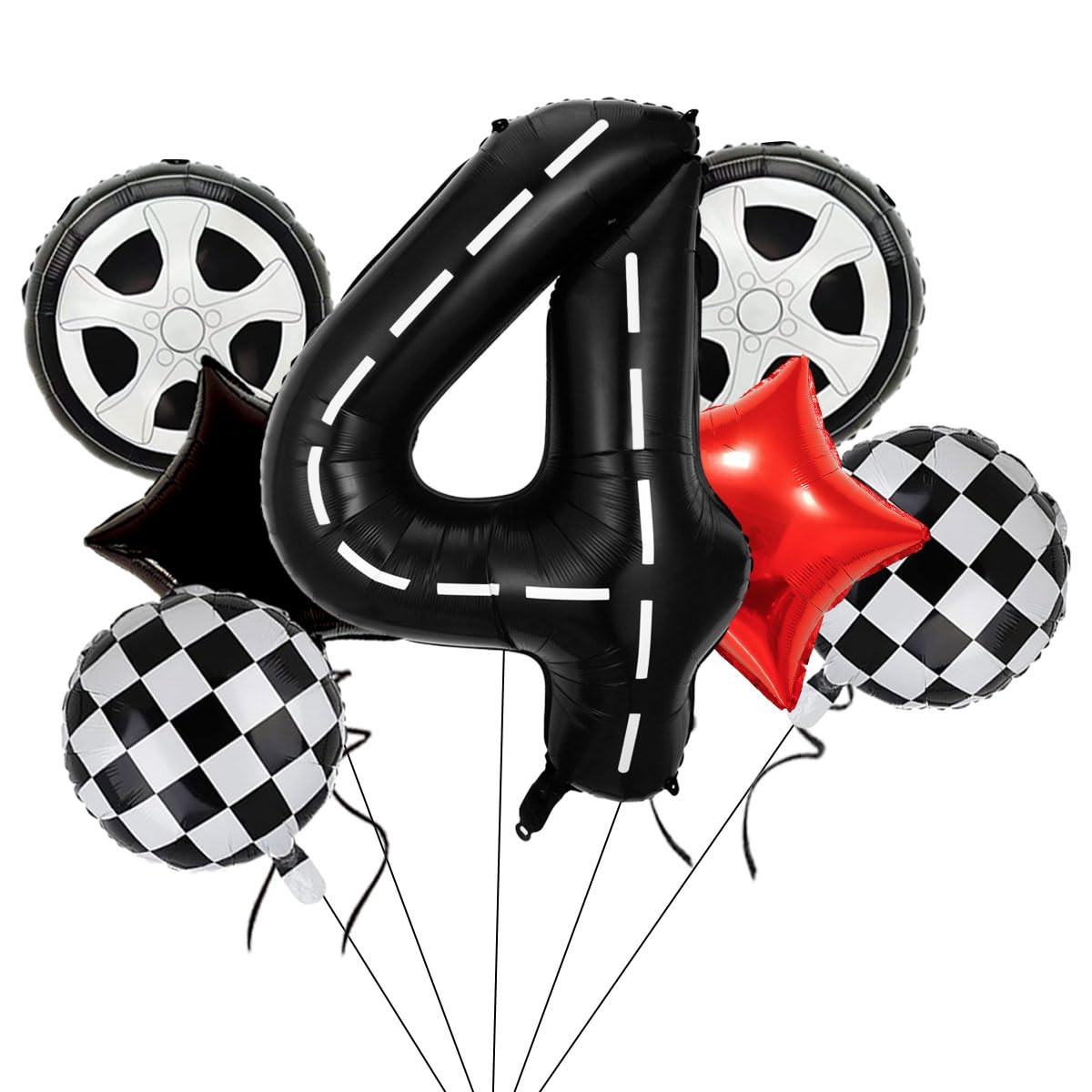 Race Car Birthday Balloons Decorations, 40 Inch Racetrack Black Number 4 Balloons, Large Mylar Black 4 Balloon for 4st Birthday Race Car Theme Party