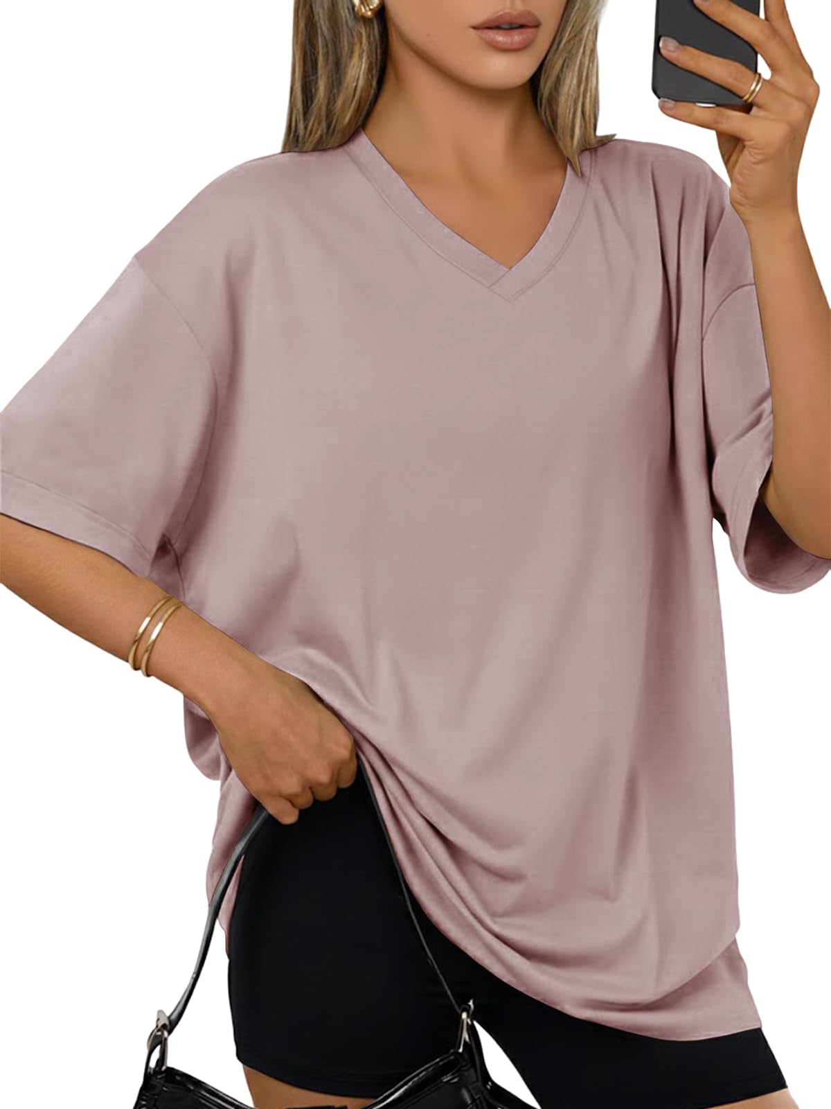 Cuptacc Tshirt Damen V Ausschnitt Oversized Oberteile Basic Locker Kurzarm Tunika Damen Sommer Lang Shirt Mit Schlitz Einfarbig Top