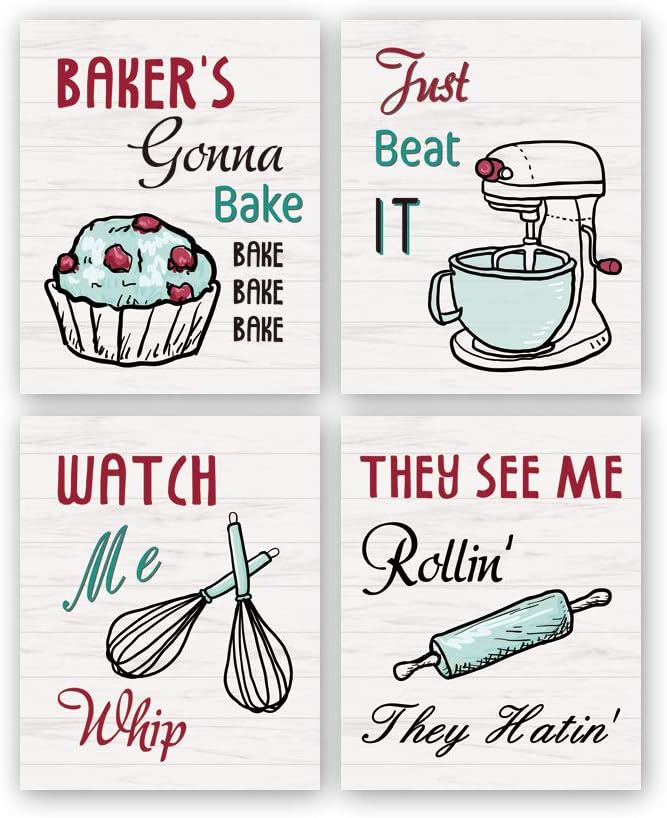 KAIRNE Funny Kitchen Wall Art Print,Watch Me Whip Quote Canvas Painting,Set Of 4 (8”*10”,Unframed) Colorful Kitchen Signs Canvas Poster,Baking room,restaurant Decor