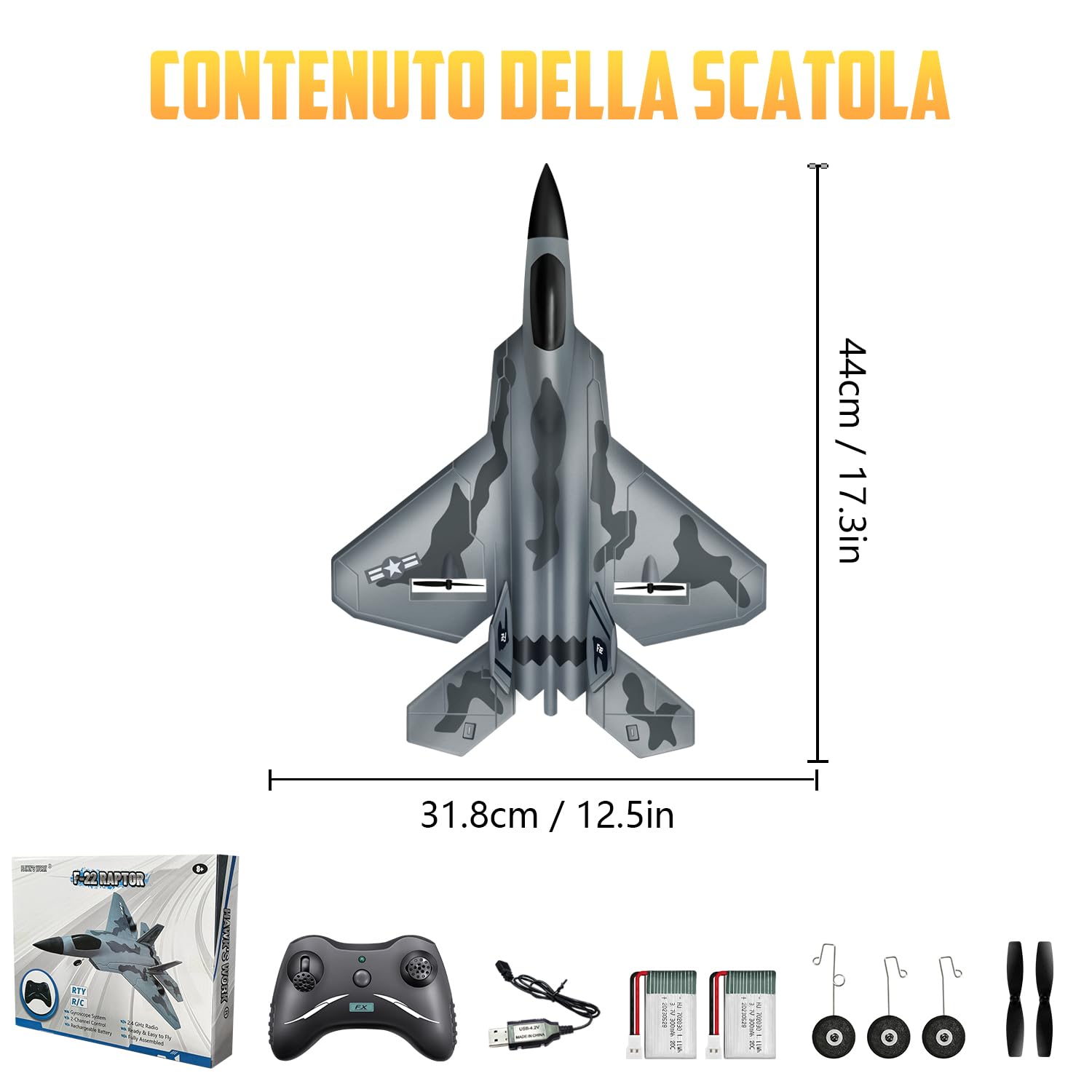 HAWK'S WORK 2CH F-22 Aliante RC, Facile per Bambini & Principianti | 2,4GHz anti-interferenza, volo stabile, schiuma antiurto, RTF per principianti, pronto al volo