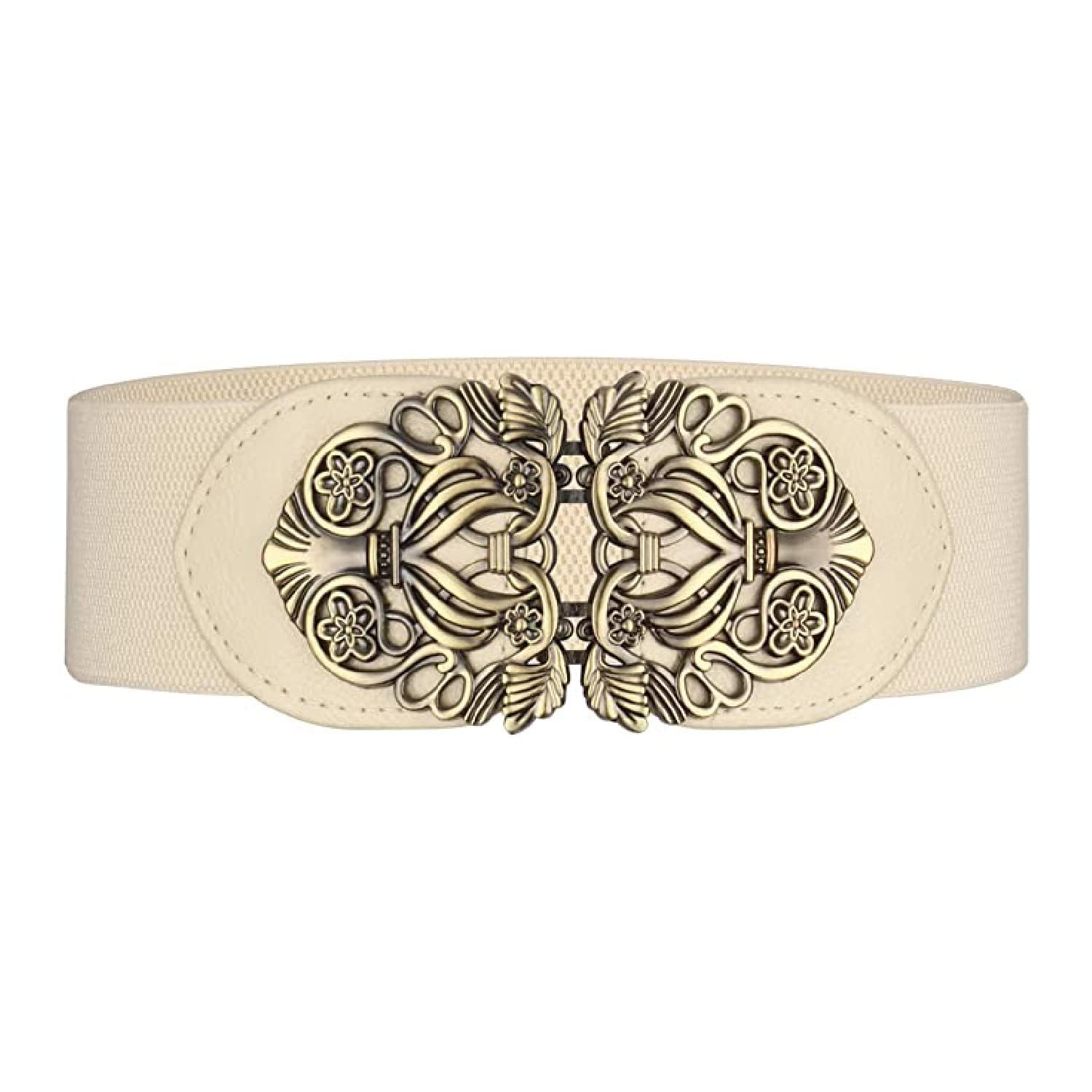 SygaWomen Cinch Belt, PU Leather Stretchy Waist Belt with Floral Metal Buckle, Retro Style, 25-35 Inch