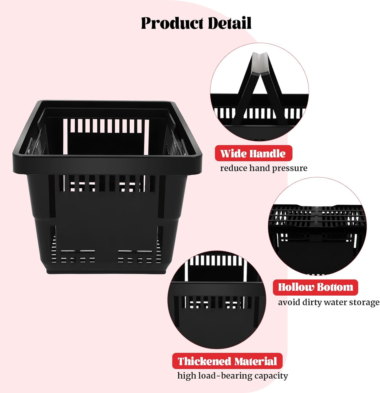 Dollate 21L Black Shopping Baskets with Handles, Large Capacity Multifunctional Plastic Basket for Supermarket Bookstore Fruit Shop Laundry Rooms, Set of 12
