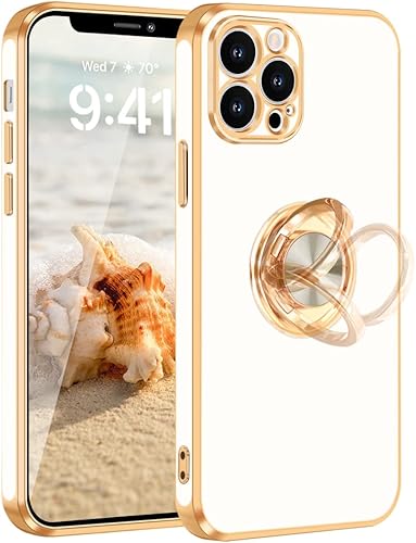 Miniatura 8 de Fingic Funda para iPhone 12 Pro Max, iPhone 12 Pro Max con soporte de anillo, soporte de anillo giratorio de 360, borde dorado, funda protectora