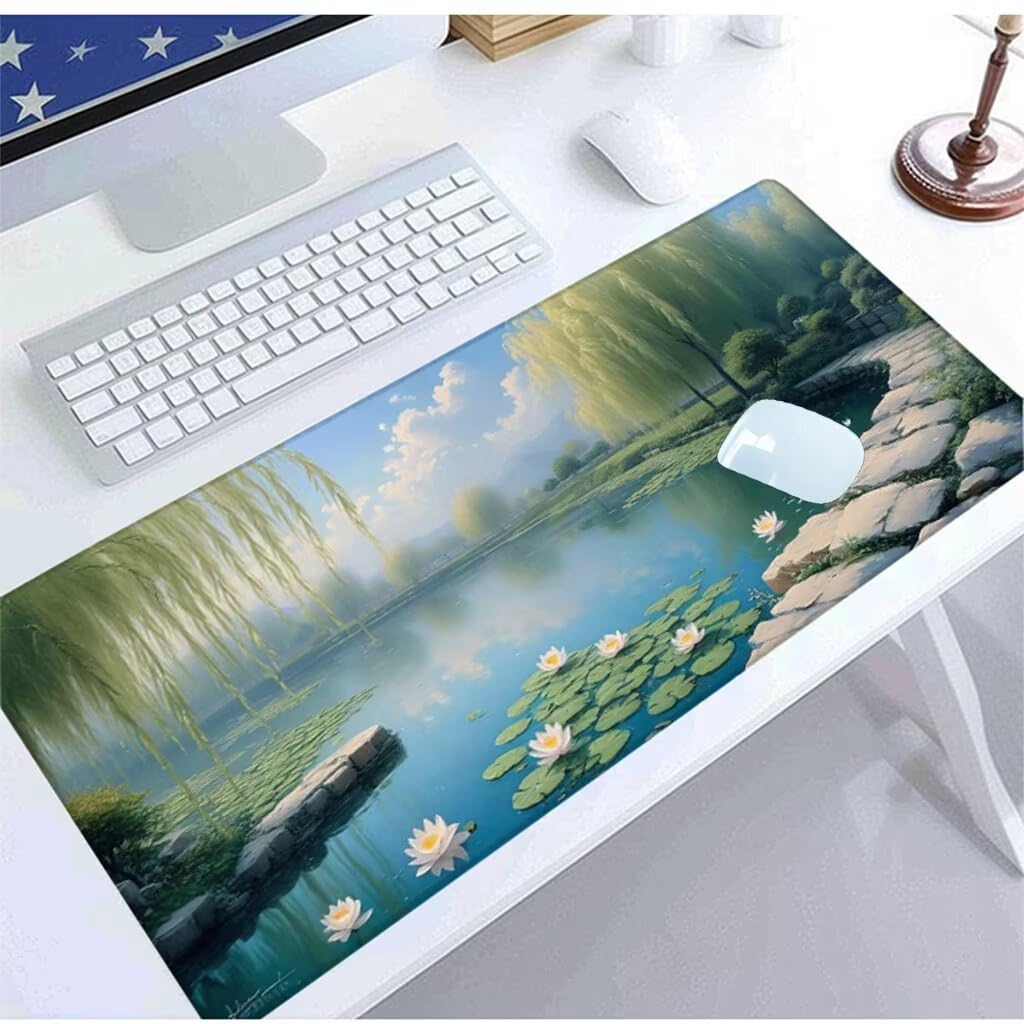 Podkładka pod mysz XXL 1400 x 600 x 3 mm, wodoodporna podkładka pod mysz z myszką jeziora, podkładka pod mysz wierzbową z antypoślizgową podstawą, mata biurowa z przeszytymi krawędziami, dekoracja do