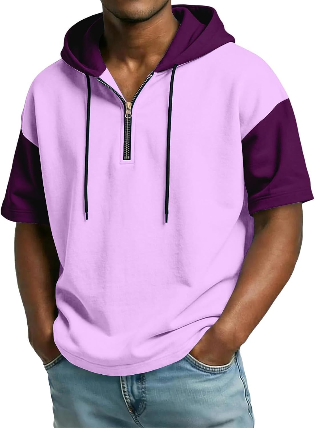 Men Workout Shirt with Hoodie Short Sleeve Athletic Pullover Summer Lightweight Quarter Zipper Hooded Tee Tops