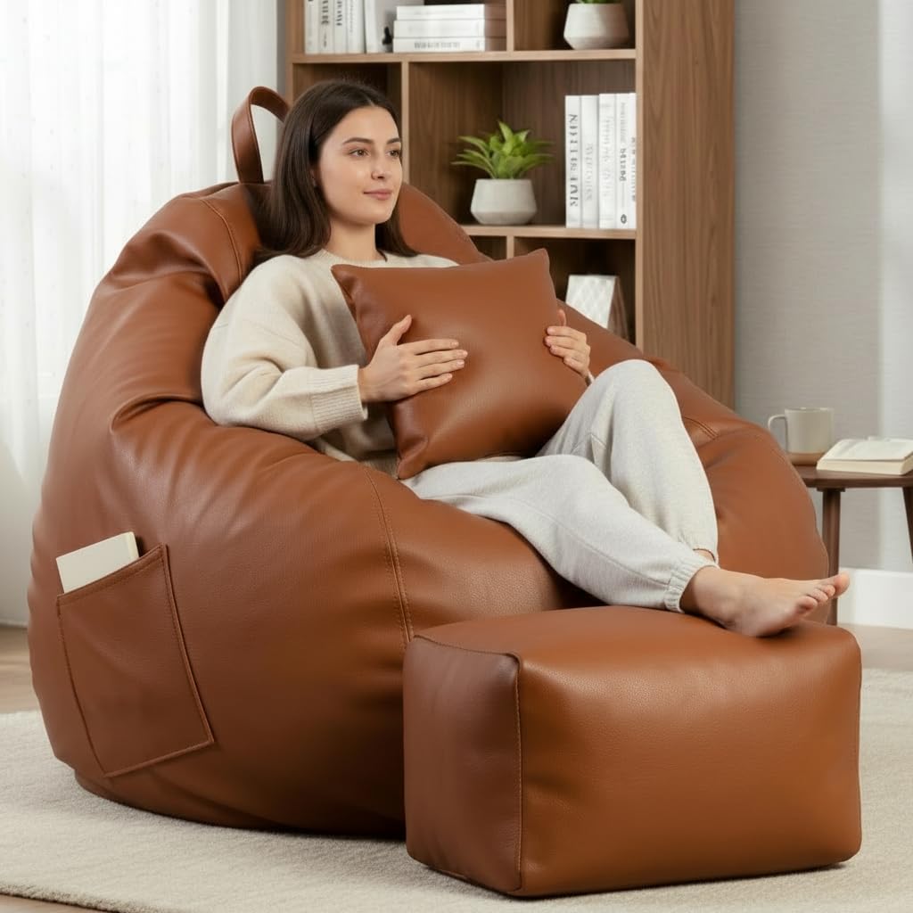 5XL Luxury Faux Leather Bean Bag with Footrest & Cushion | Pre-Filled High-Density Polystyrene Beans | Premium Leatherette | 6 Months Warranty Color- (Tan, with Footrest)-image-17