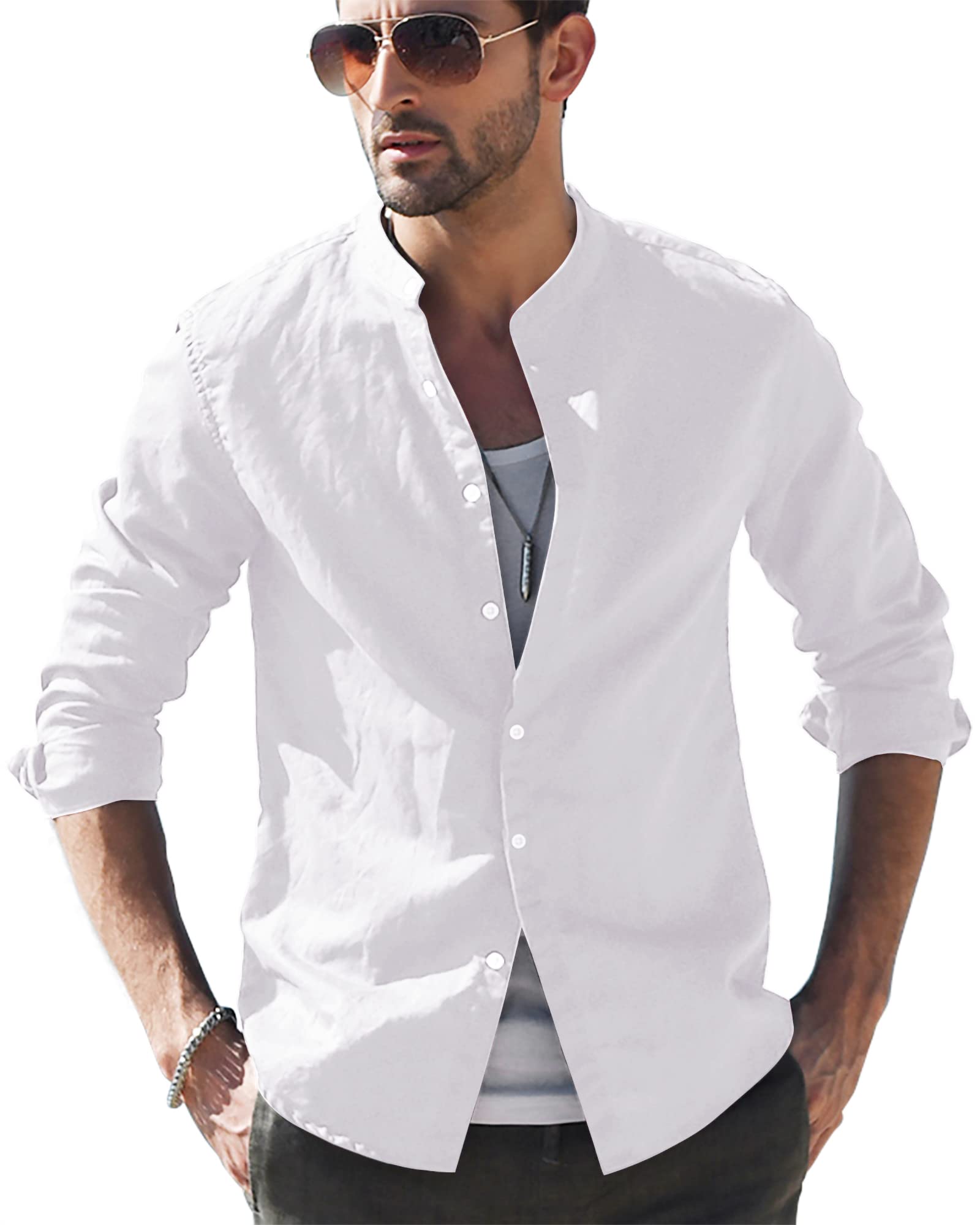 LVCBL Hemd Herren Langarm Henley Sommerhemd Herren Freizeithemd Leinenhemd Regular Fit Men Shirts