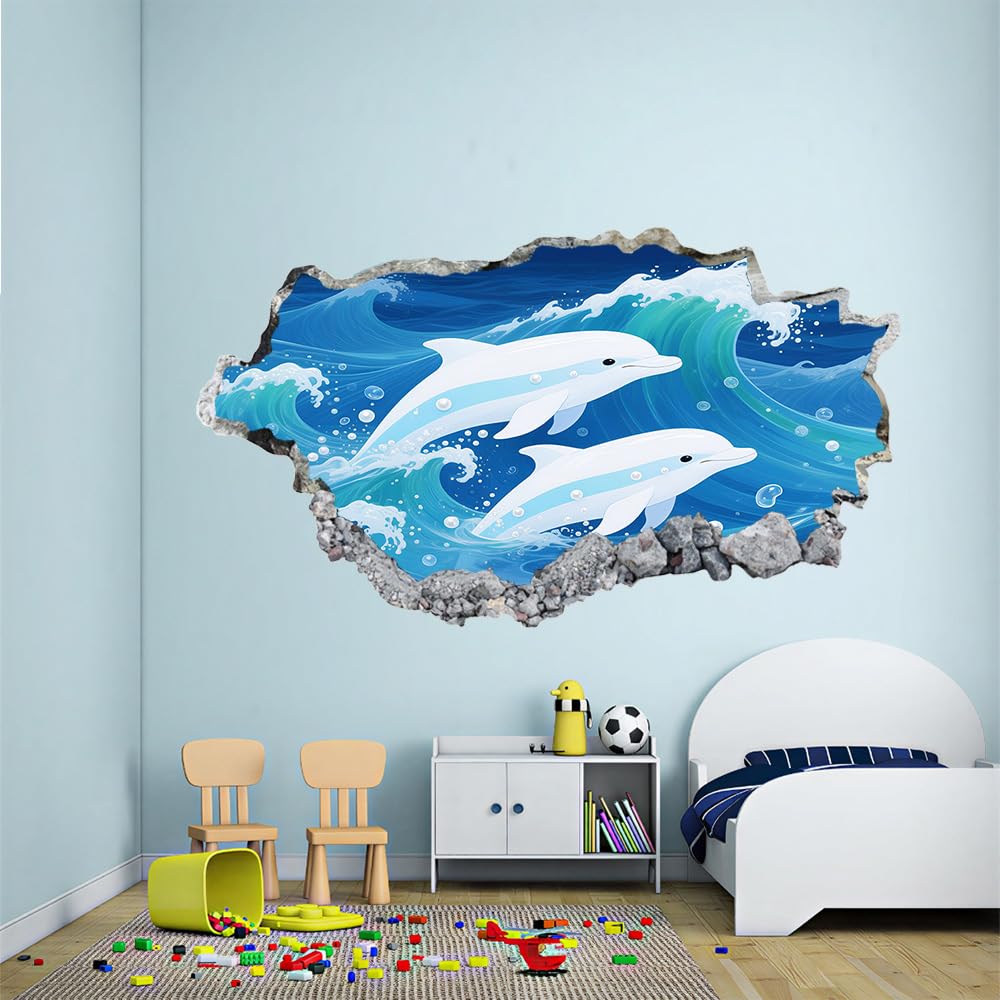3D Wandtattoo Wanddurchbruch, Delphin Durchbruch Wandaufkleber für Kinderzimmer, sticker für Wohnzimmer, Blaue Wellen Wandsticker, Wandbild Junge Mädchen Schlafzimmer