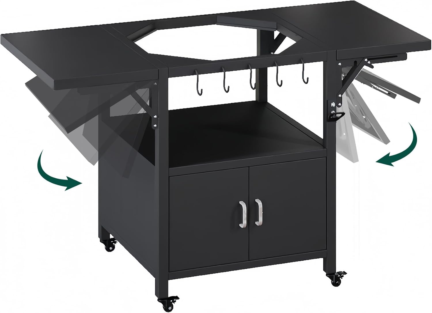 59" L Outdoor Grill Table for Big Green Egg Accessories, Heavy Duty Metal Cart Prep Table with Detachable Desktable, Hooks, Removable Central Cover, Compatible with Egg Grill and Tabletop Griddle
